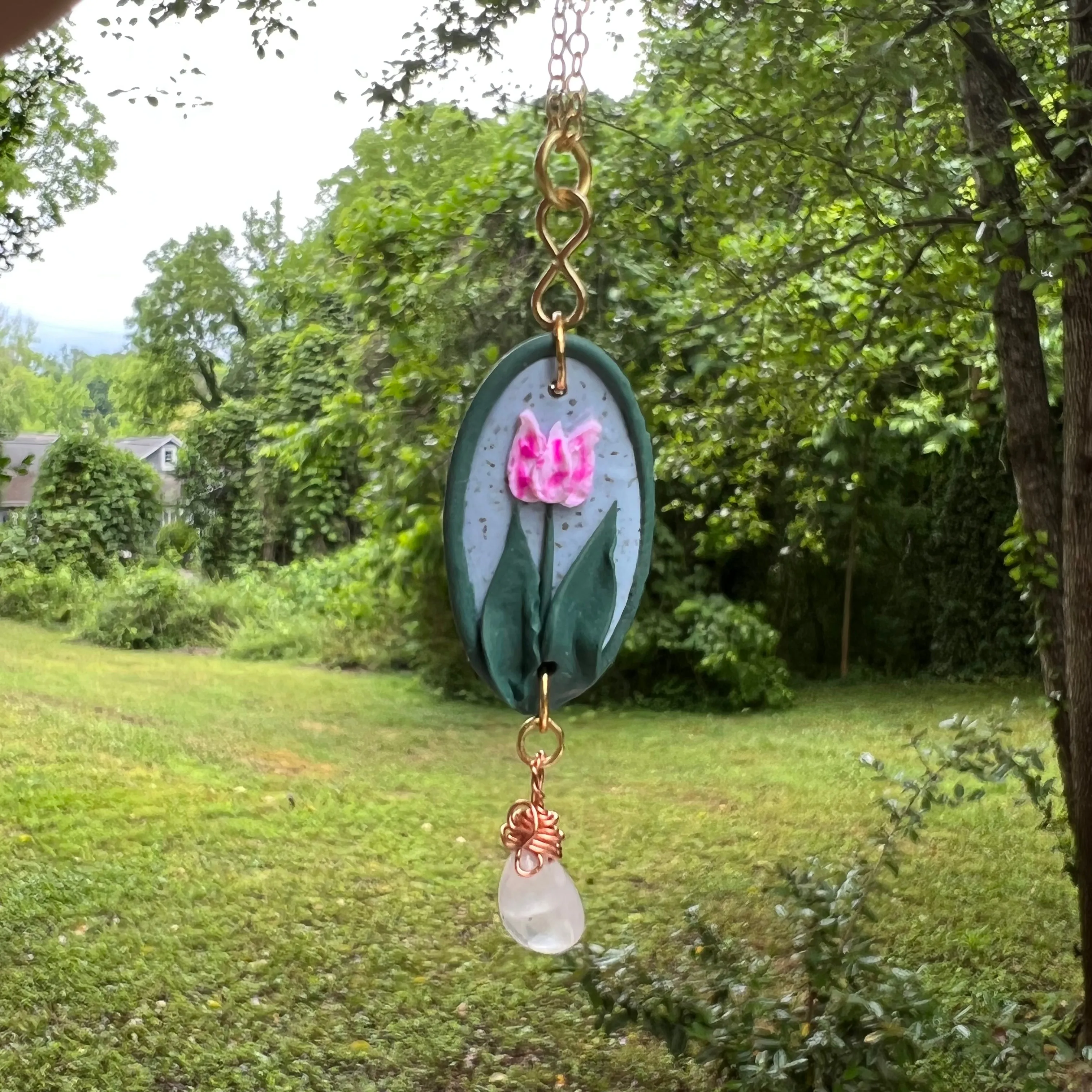Framed Tulip and Rose Quartz Necklace - Ready to Ship