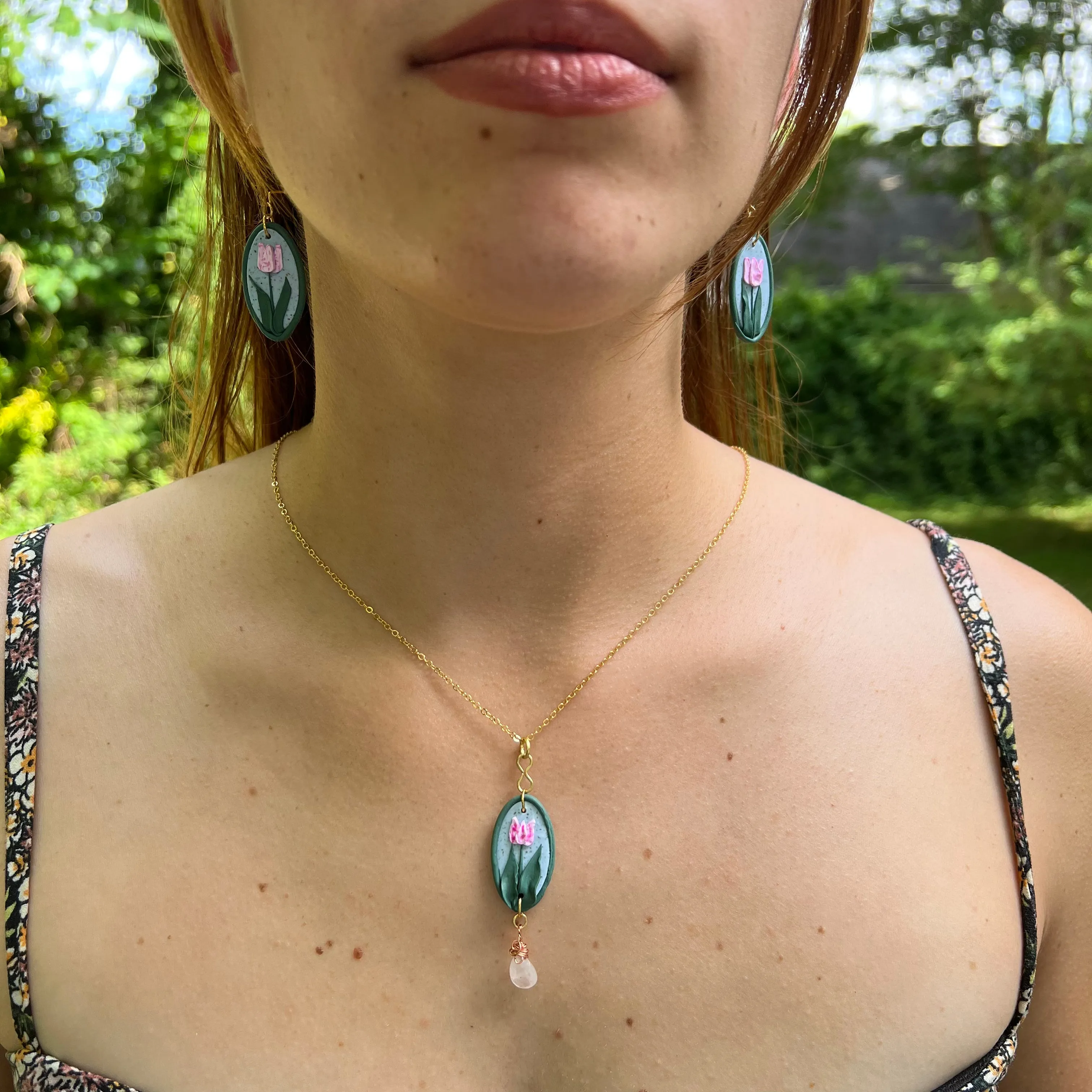 Framed Tulip and Rose Quartz Necklace - Ready to Ship
