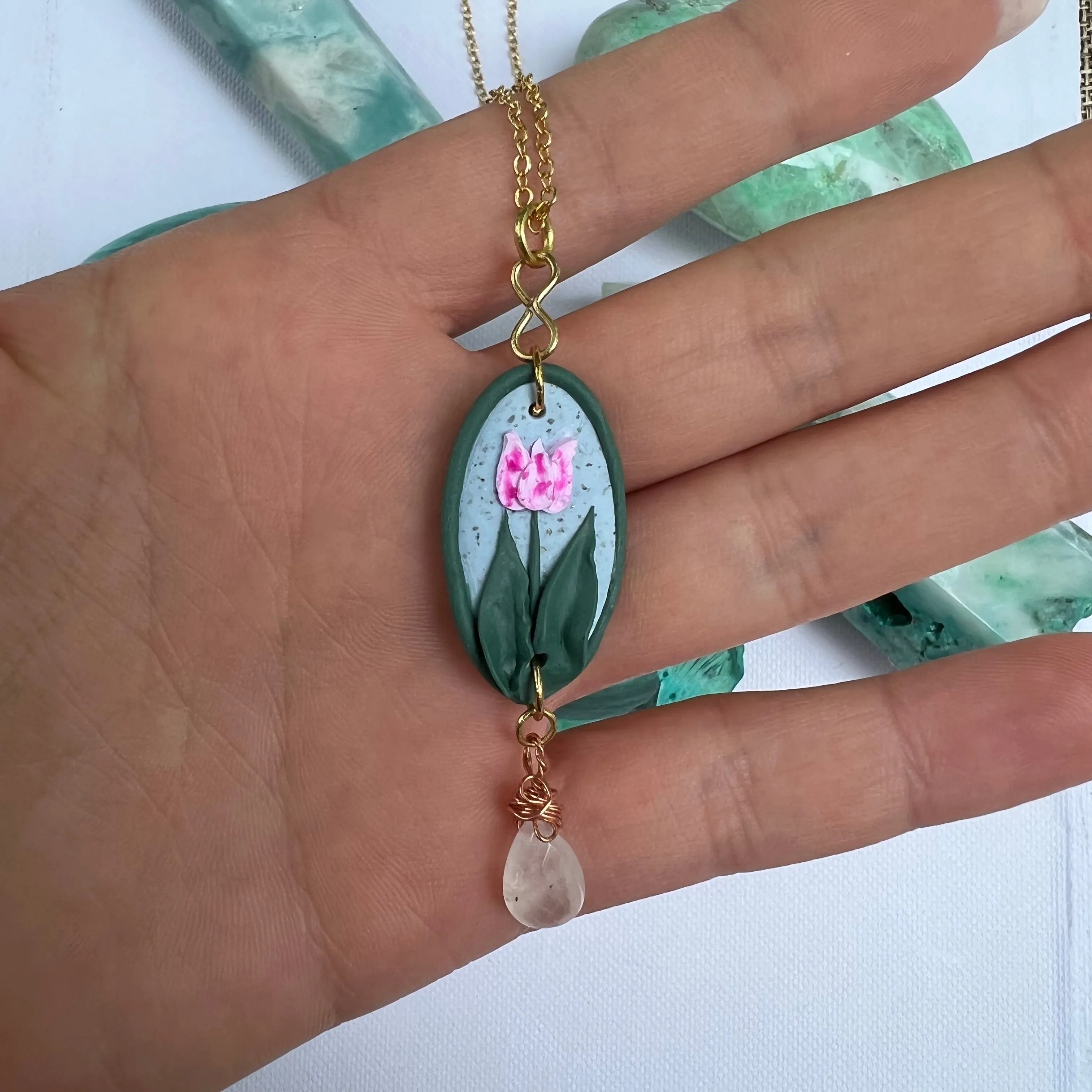 Framed Tulip and Rose Quartz Necklace - Ready to Ship
