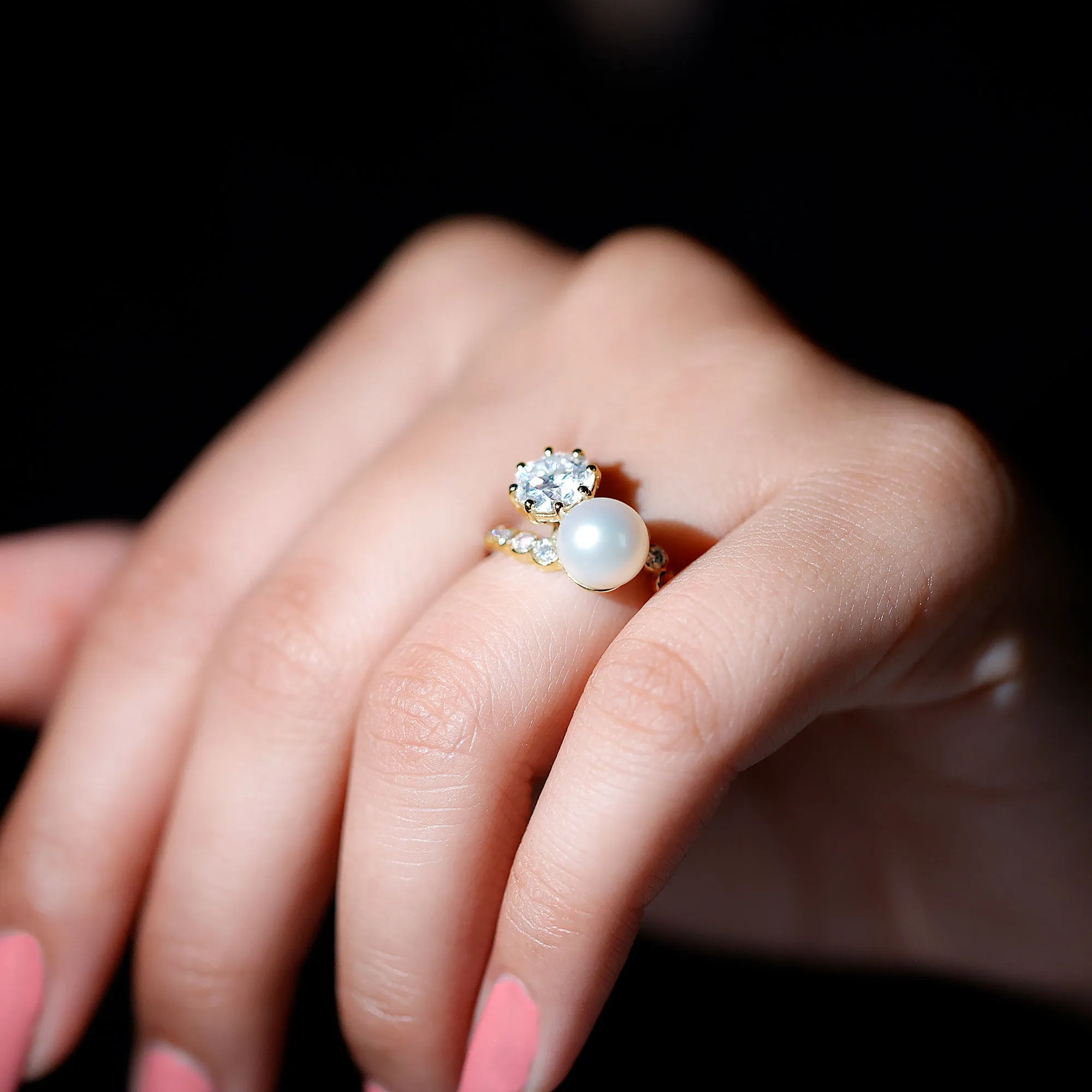 Freshwater Pearl and Moissanite Toi Et Moi Cocktail Ring