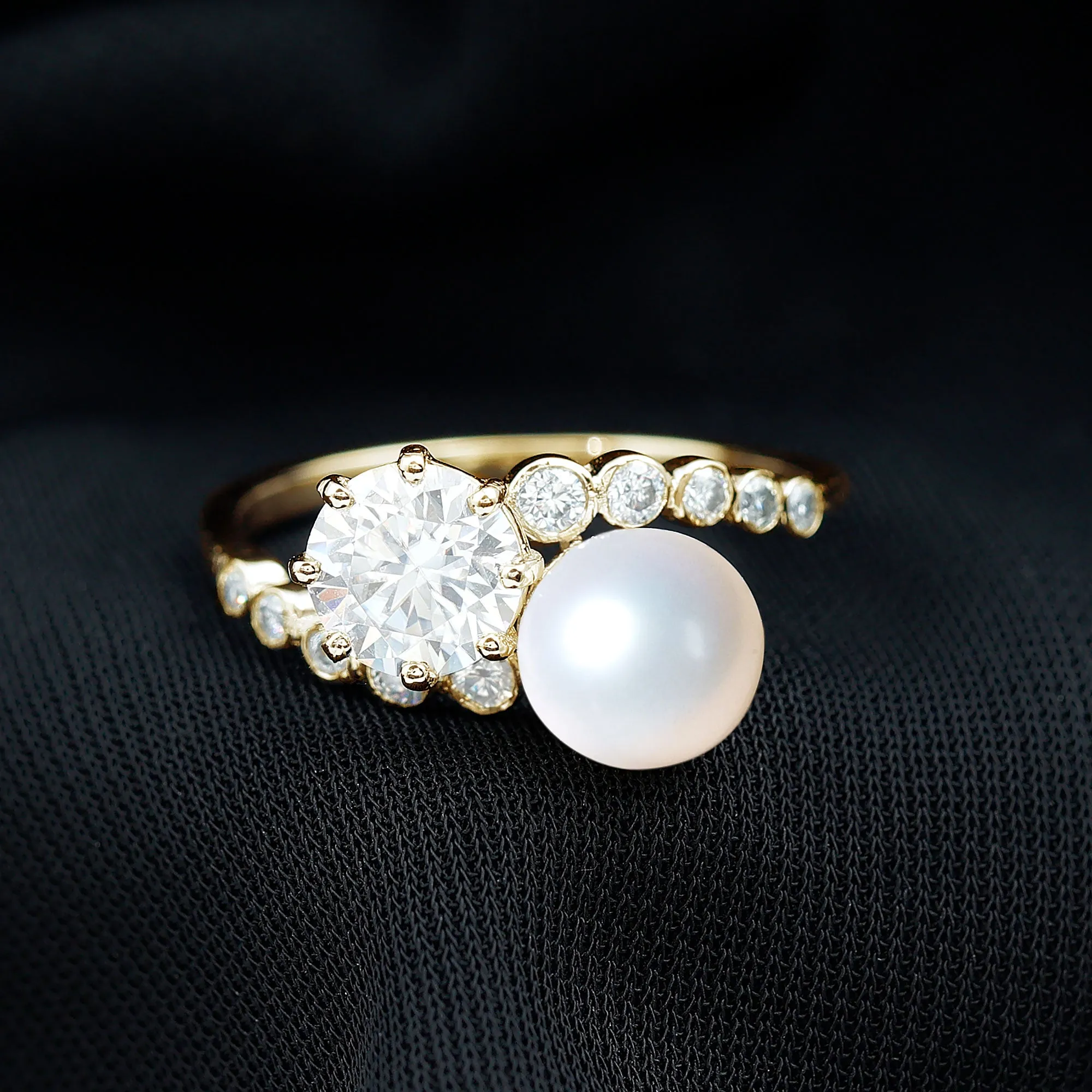 Freshwater Pearl and Moissanite Toi Et Moi Cocktail Ring