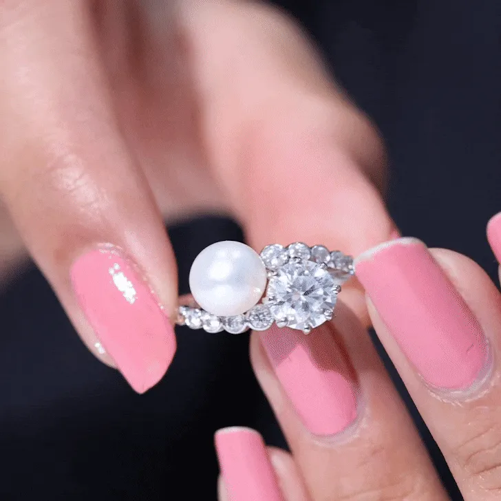 Freshwater Pearl and Moissanite Toi Et Moi Cocktail Ring