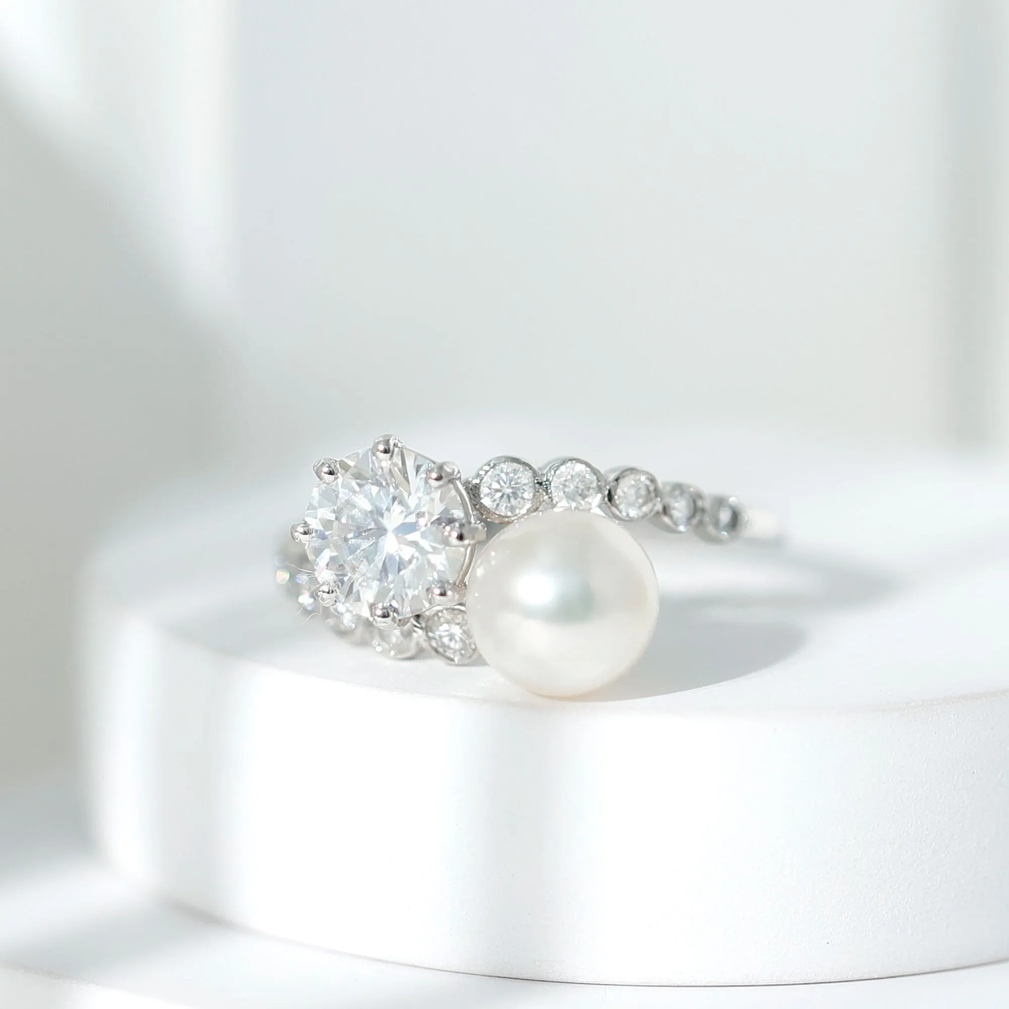 Freshwater Pearl and Moissanite Toi Et Moi Cocktail Ring