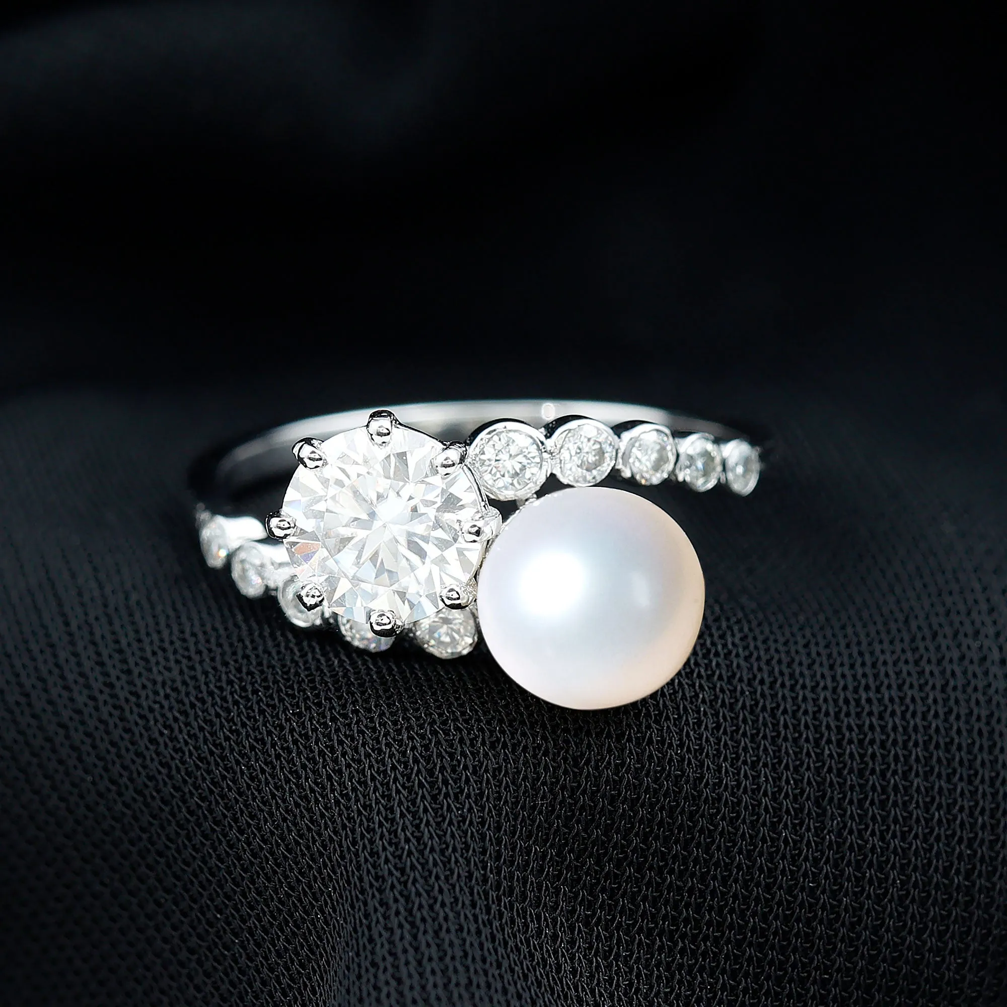 Freshwater Pearl and Moissanite Toi Et Moi Cocktail Ring