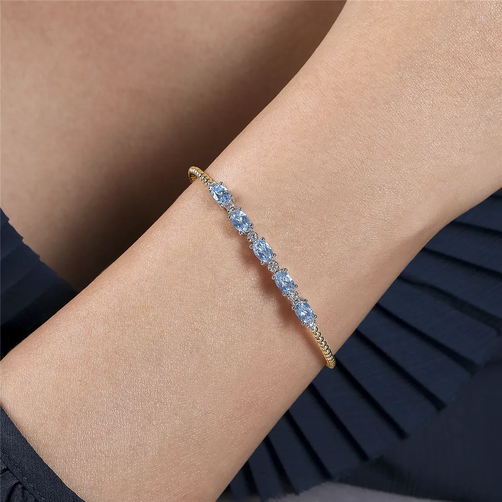 Gabriel & Co. Fashion 14K White-Yellow Gold Bujukan Bead Cuff Bracelet with Blue Topaz and Diamond Stations