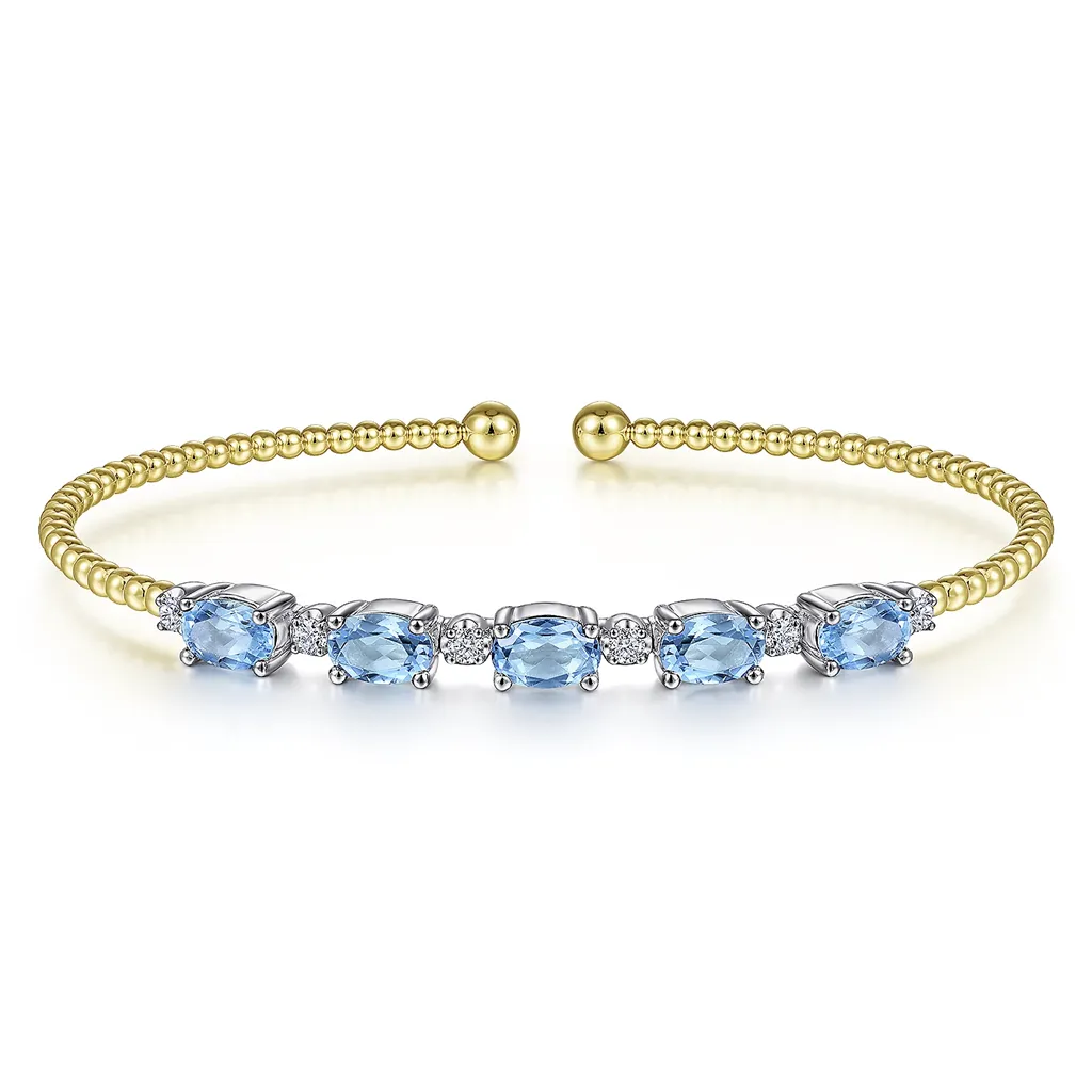 Gabriel & Co. Fashion 14K White-Yellow Gold Bujukan Bead Cuff Bracelet with Blue Topaz and Diamond Stations