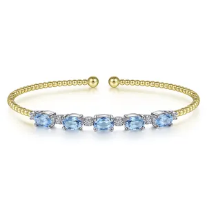 Gabriel & Co. Fashion 14K White-Yellow Gold Bujukan Bead Cuff Bracelet with Blue Topaz and Diamond Stations