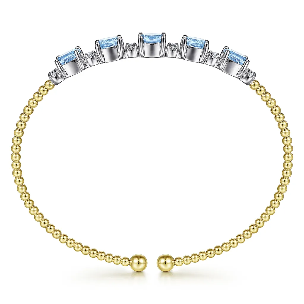 Gabriel & Co. Fashion 14K White-Yellow Gold Bujukan Bead Cuff Bracelet with Blue Topaz and Diamond Stations