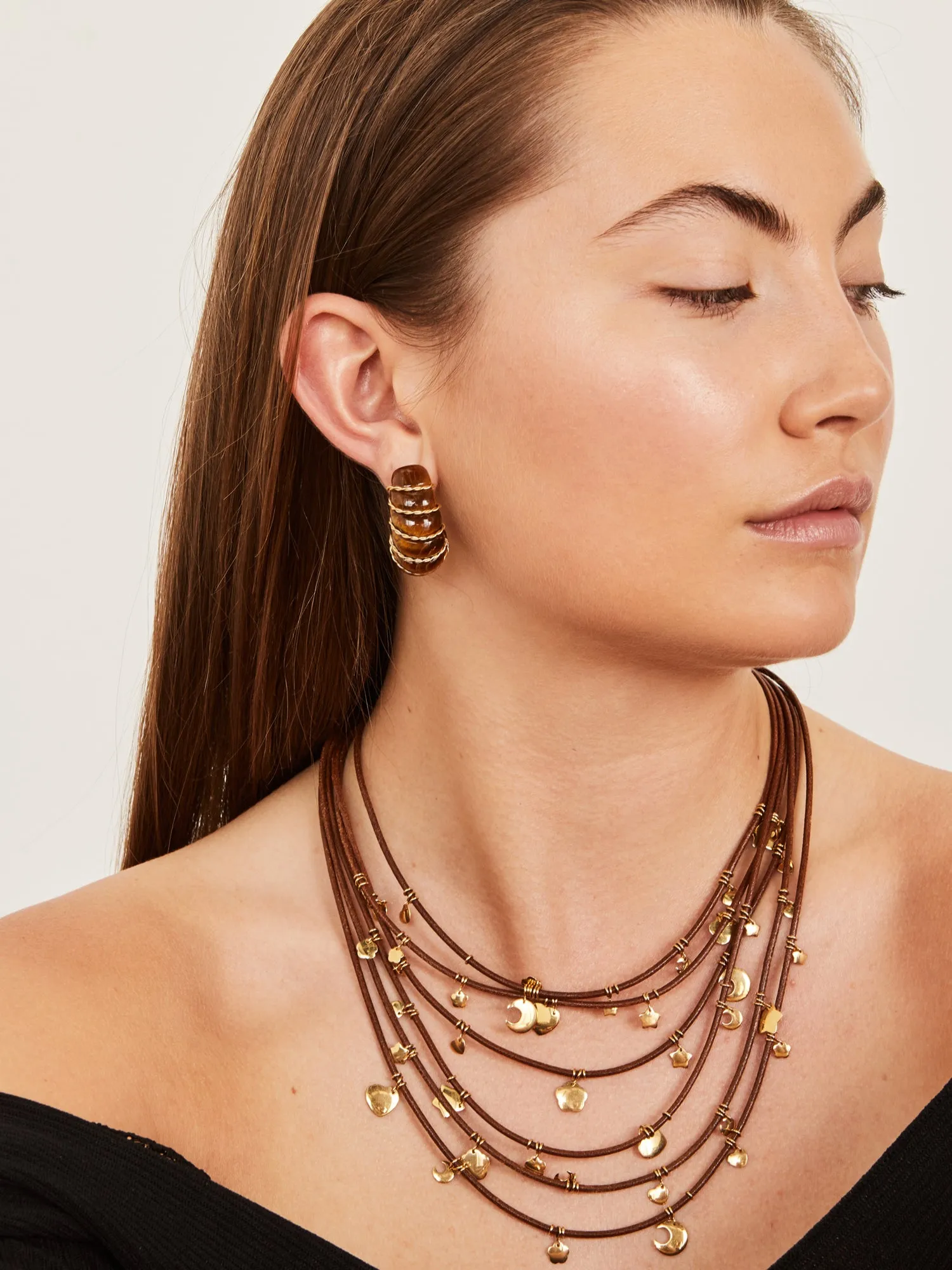 Gemstone shell earrings with yellow gold