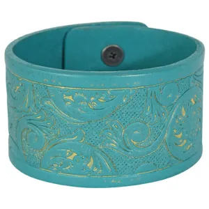 GENUINE TOOLED LEATHER TURQUOISE WIDE BRACELET