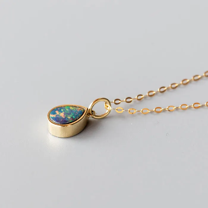 Geometric Pear Shaped Australian Doublet Opal Pendant 14k Yellow Gold