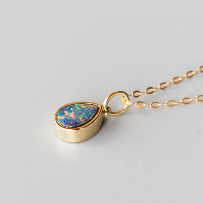 Geometric Pear Shaped Australian Doublet Opal Pendant 14k Yellow Gold