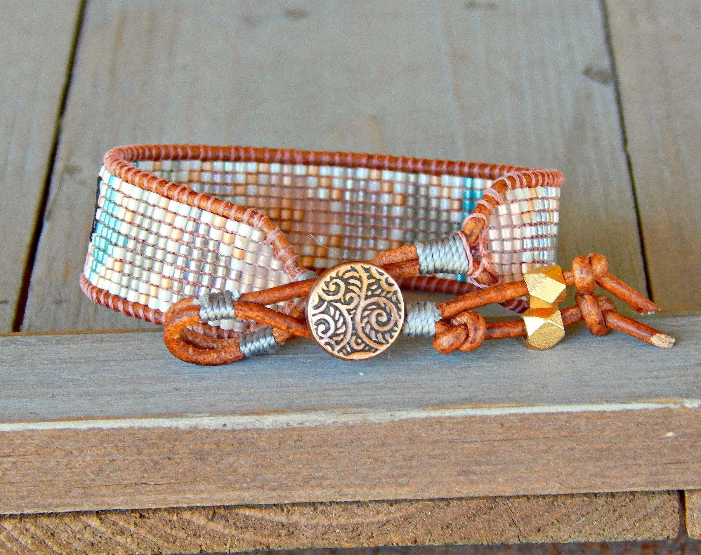 Geometric Triangle Bead Loom Woven Bracelet in Gray, Navy, Blush and Rose Gold