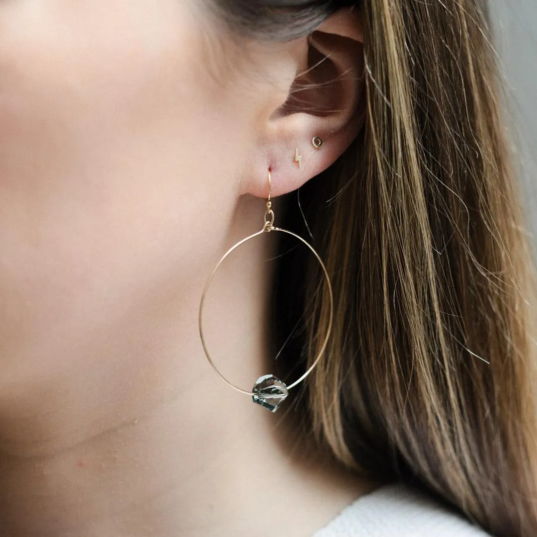 Gold Filled Black Diamond Grey Crystal Large Hoop Earrings