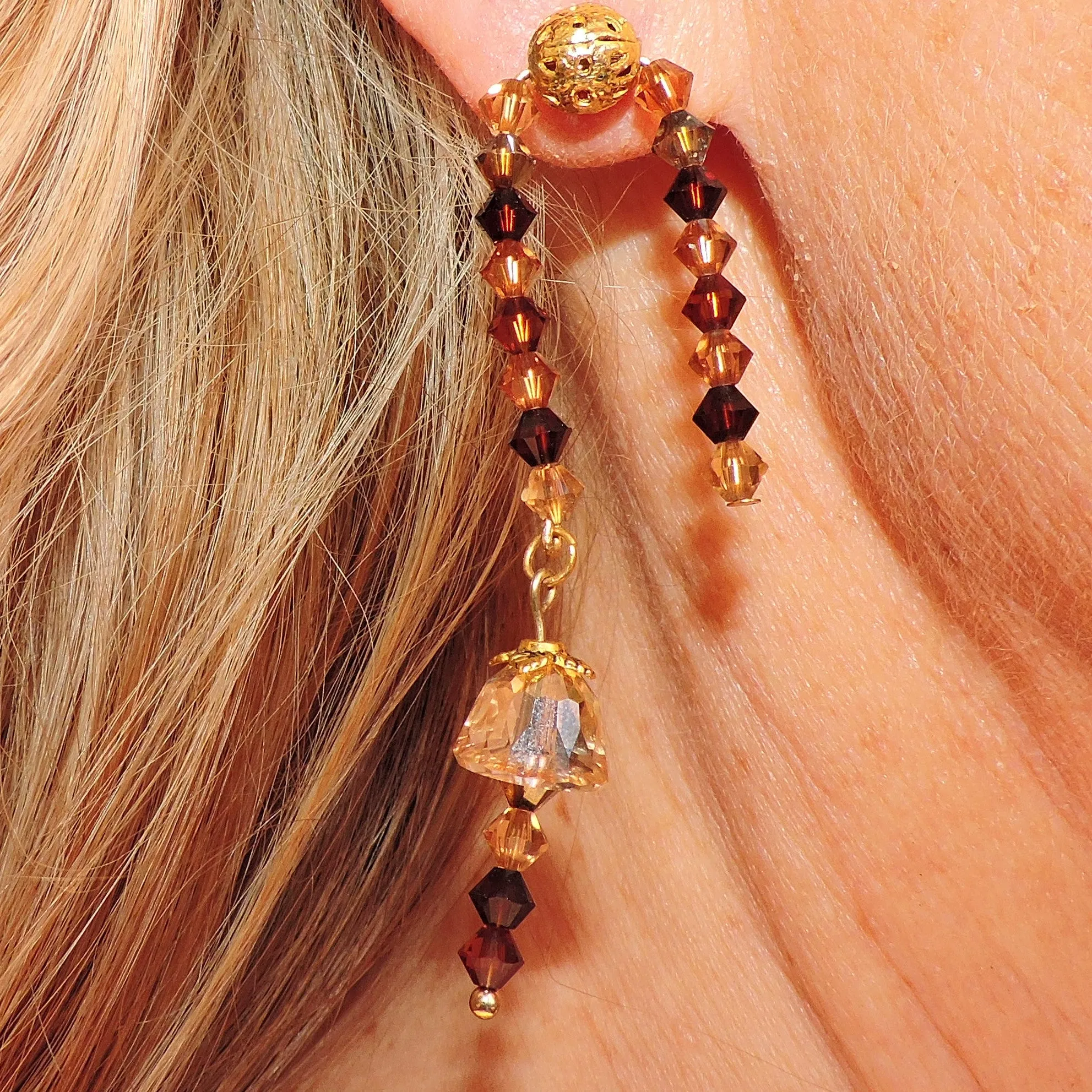 Gold Filligree Bead with Swarovski Crystals Dangle Earrings