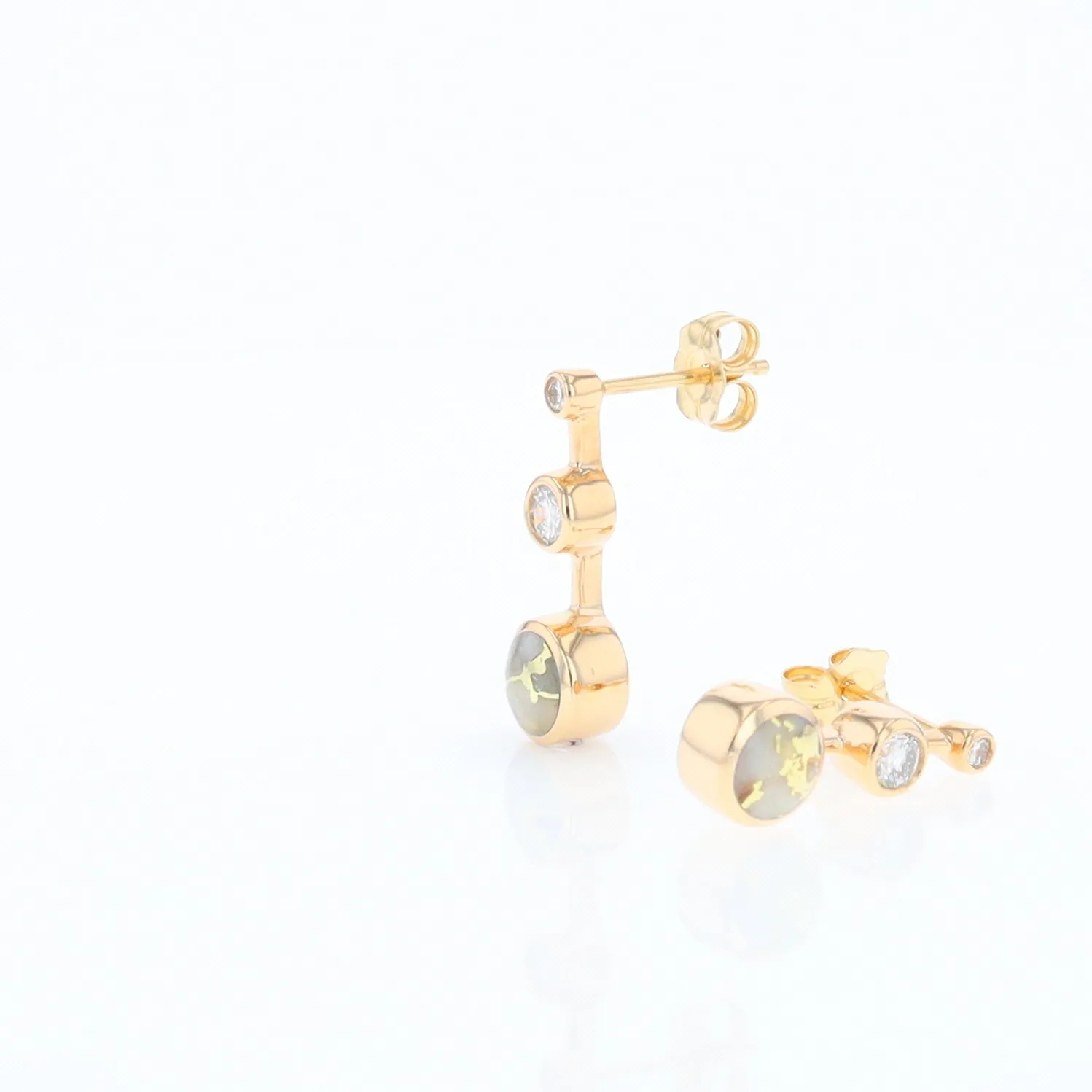 Gold Quartz Round Inlay with Diamond Accents Stud Earrings G1