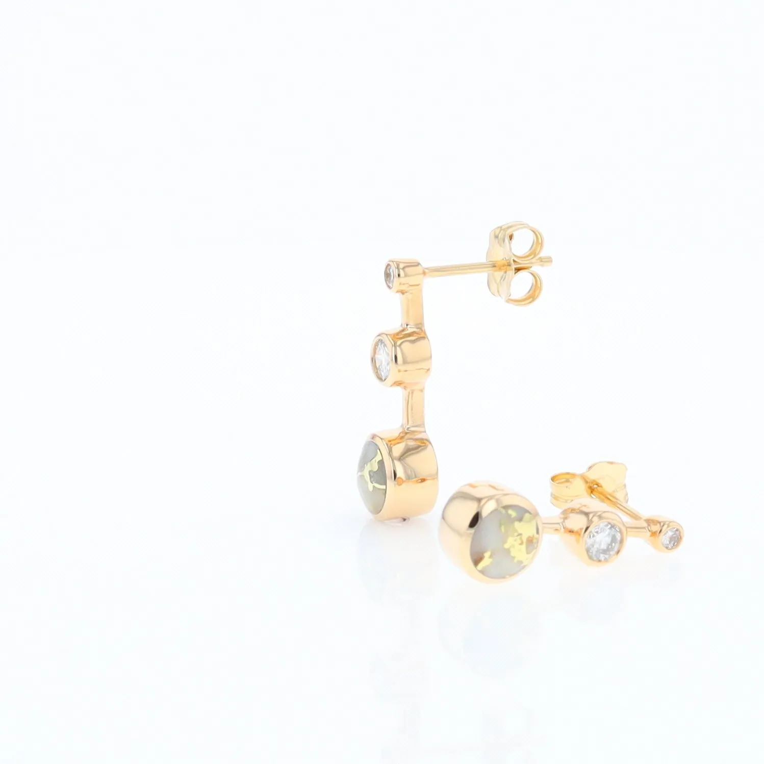 Gold Quartz Round Inlay with Diamond Accents Stud Earrings G1