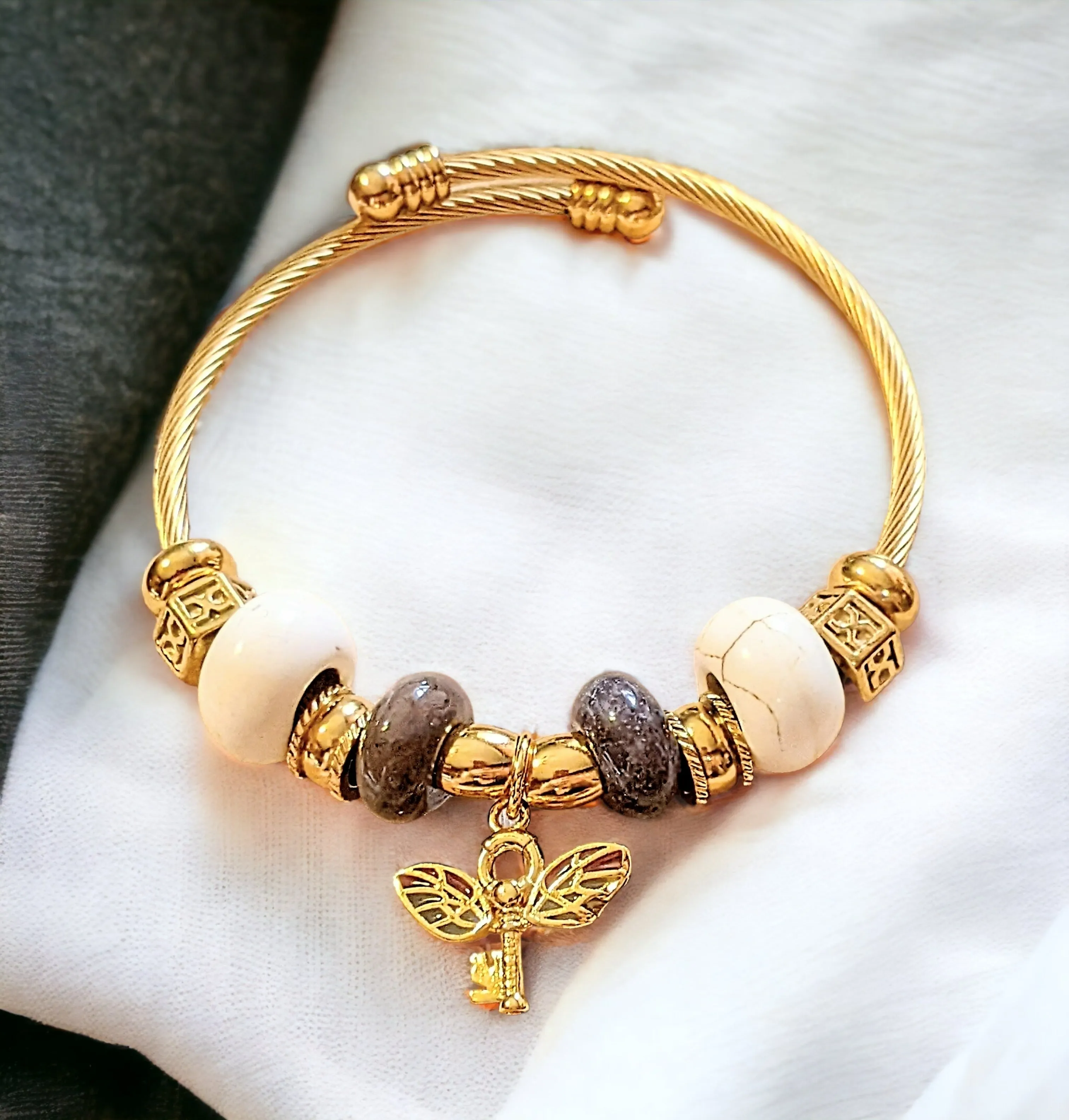 Gold Winged Key Euro Cuff Wrap Bracelet
