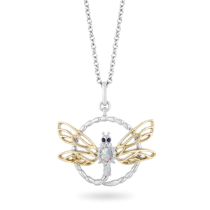 Hallmark Fine Jewelry Dragonfly Eternity Pendant in Sterling Silver & 14K Yellow Gold with Diamonds, Created Opal and Sapphire