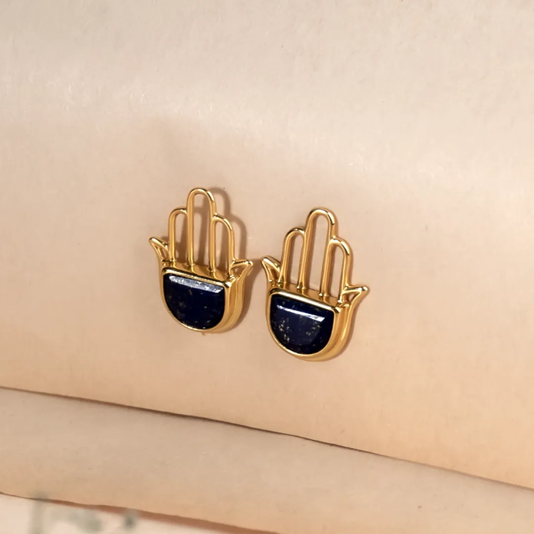 Hamsa Lapis Lazuli Gold 925 Sterling Silver Earrings