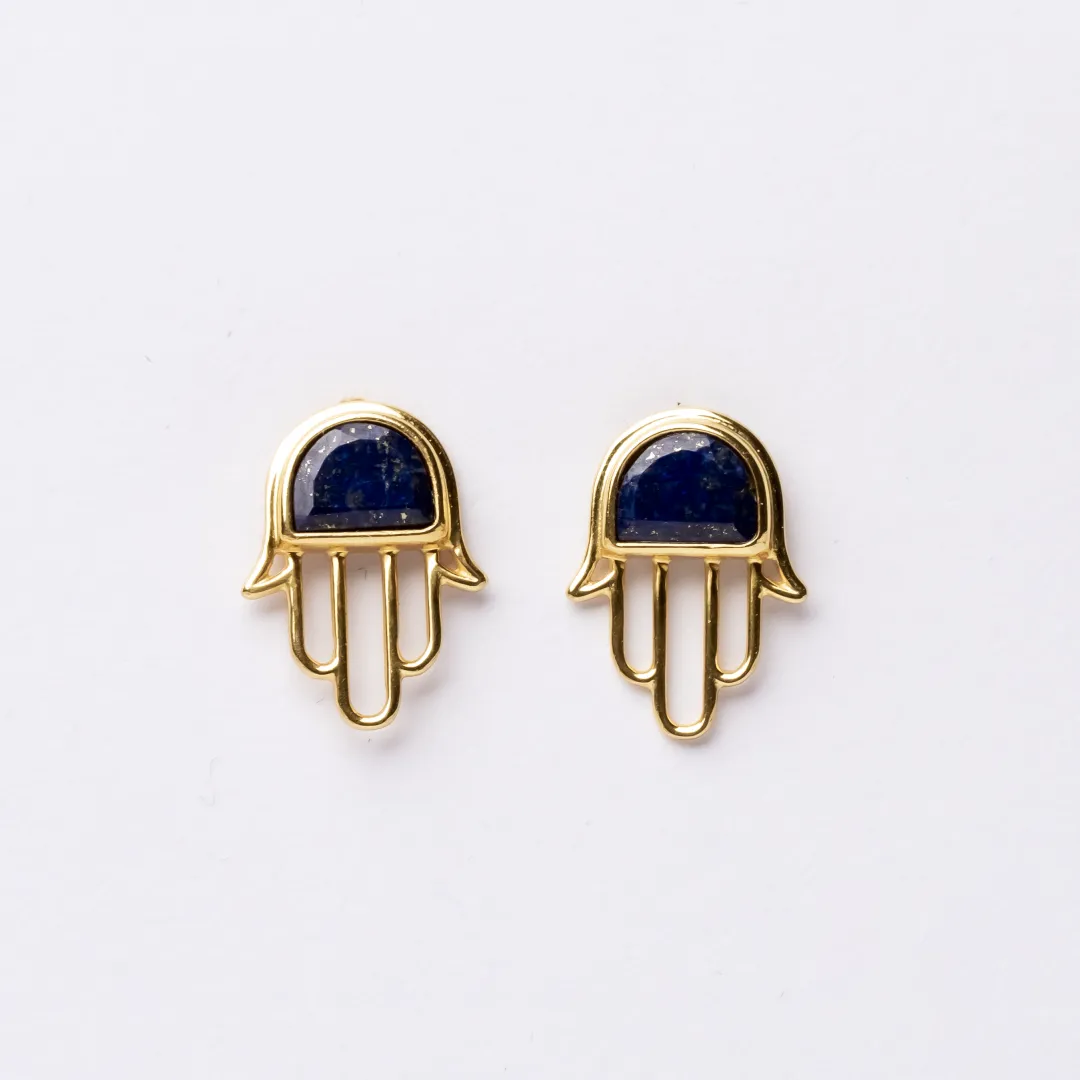 Hamsa Lapis Lazuli Gold 925 Sterling Silver Earrings