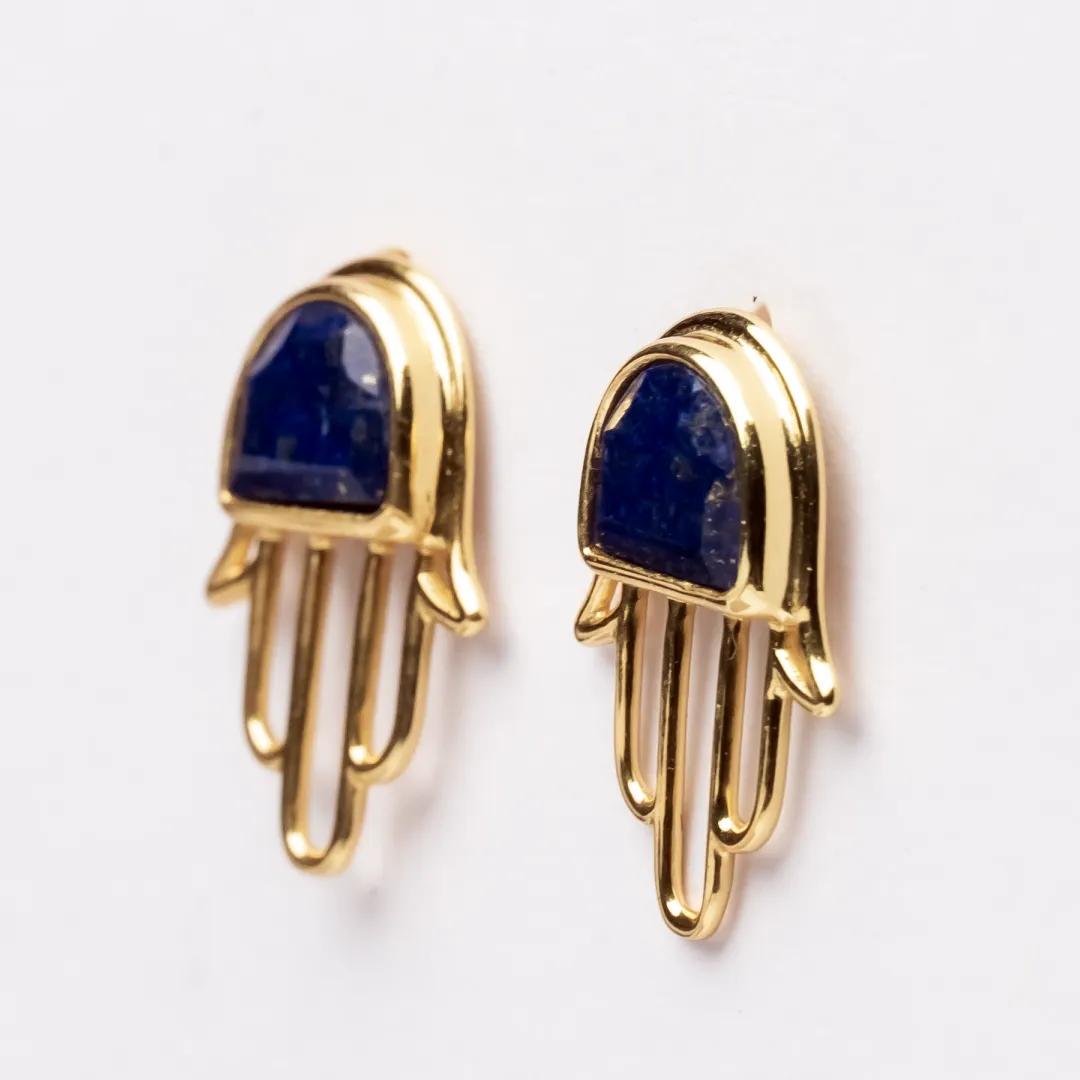 Hamsa Lapis Lazuli Gold 925 Sterling Silver Earrings