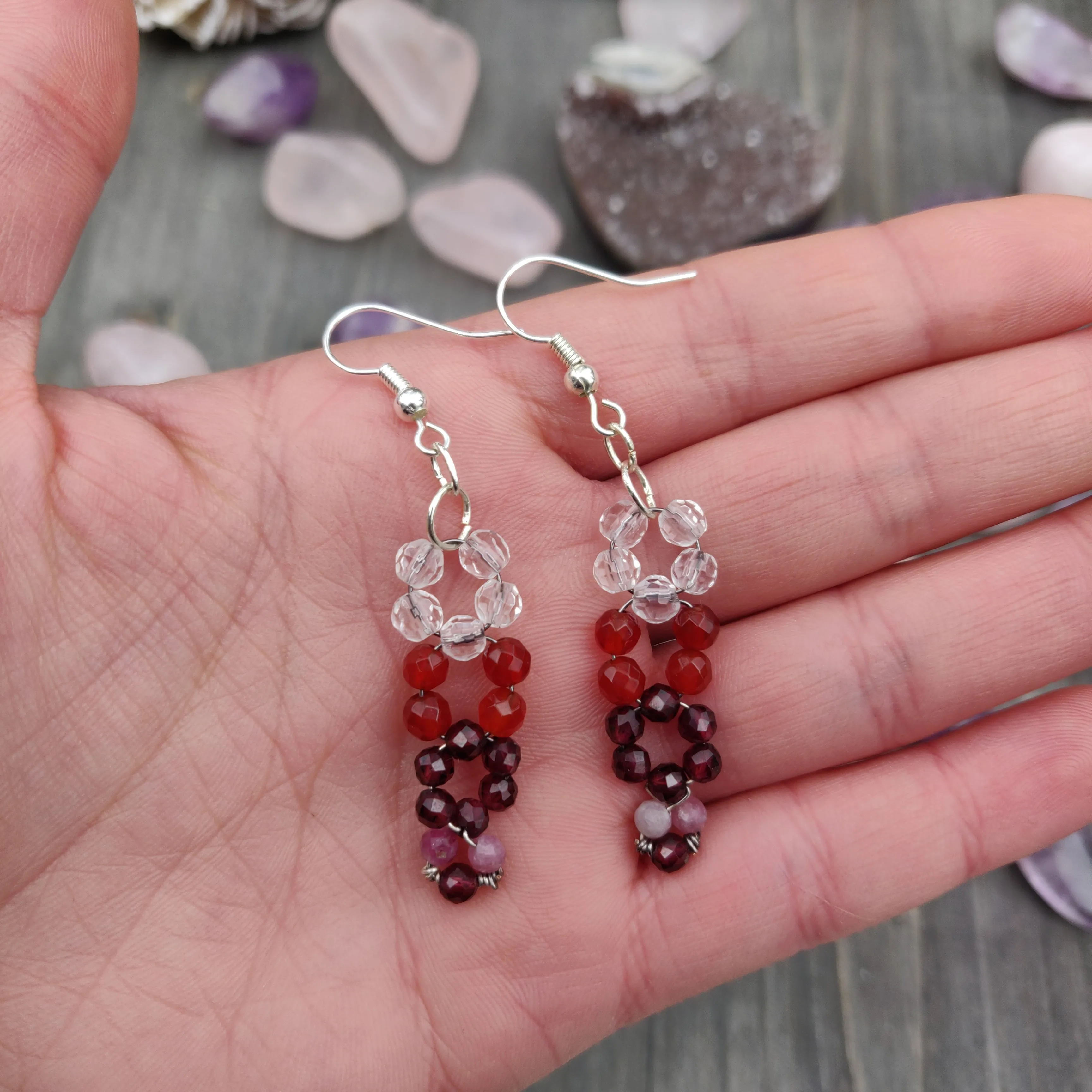 Handmade Gemstone Earrings - Clear Quartz, Carnelian, Garnet, & Pink Tourmaline