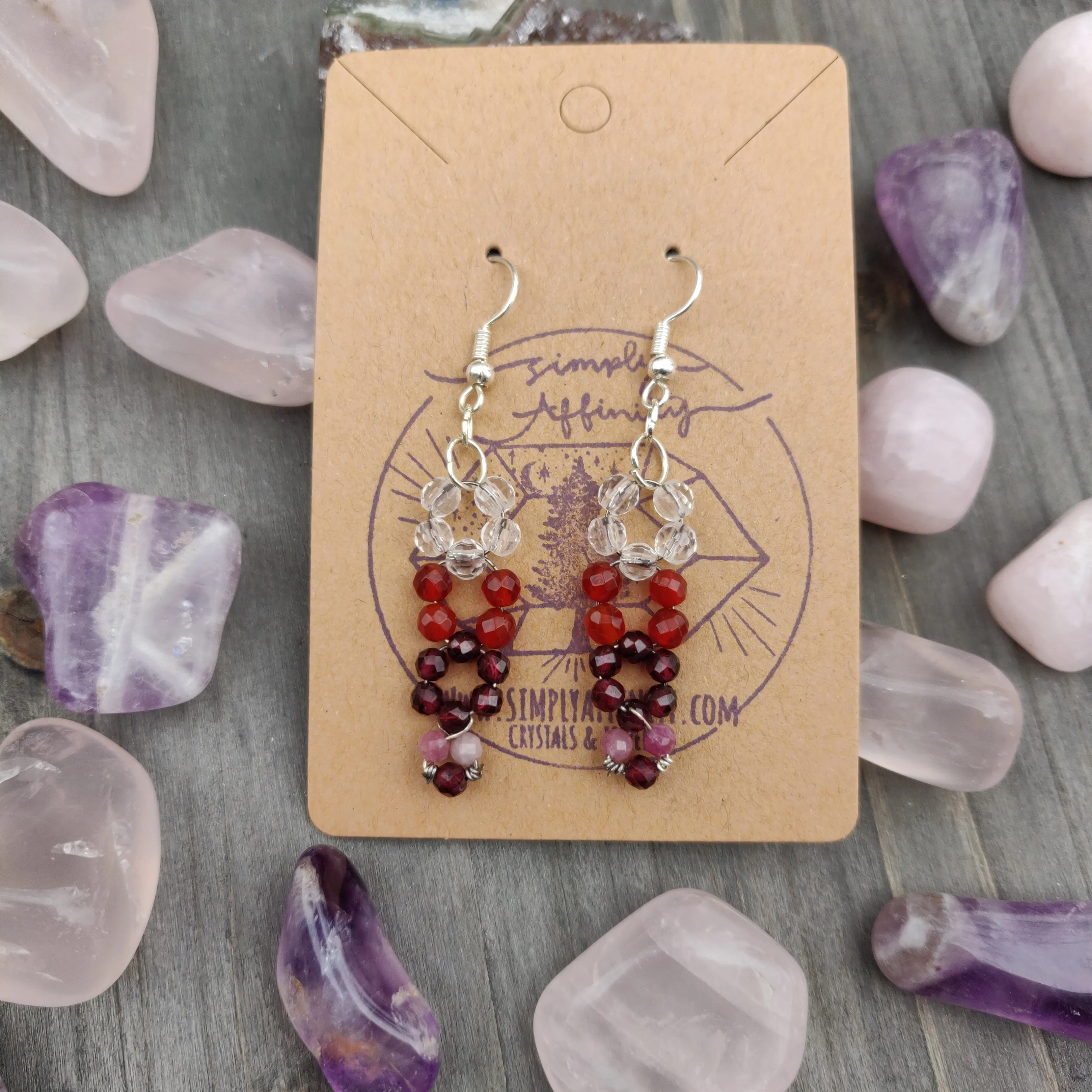 Handmade Gemstone Earrings - Clear Quartz, Carnelian, Garnet, & Pink Tourmaline