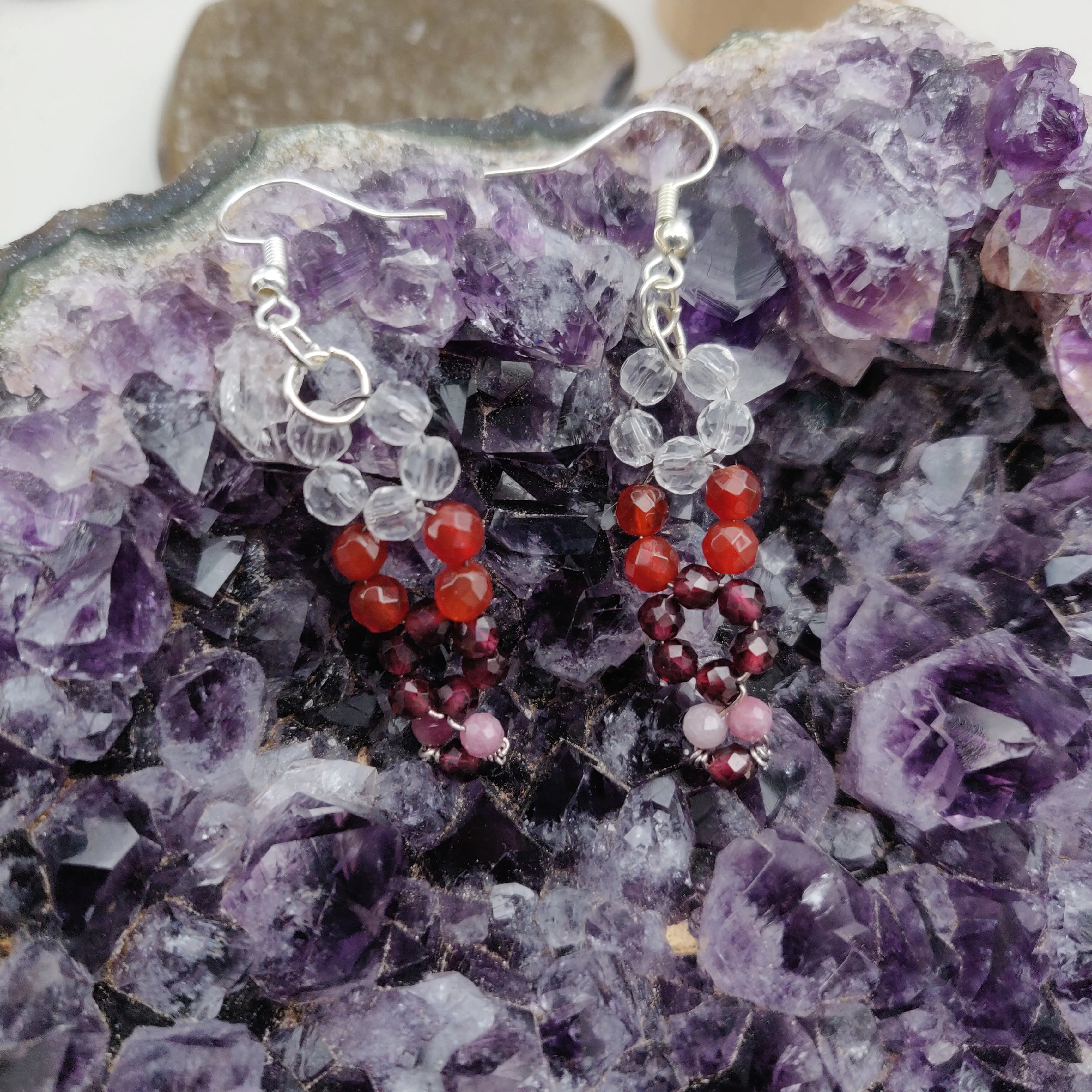 Handmade Gemstone Earrings - Clear Quartz, Carnelian, Garnet, & Pink Tourmaline