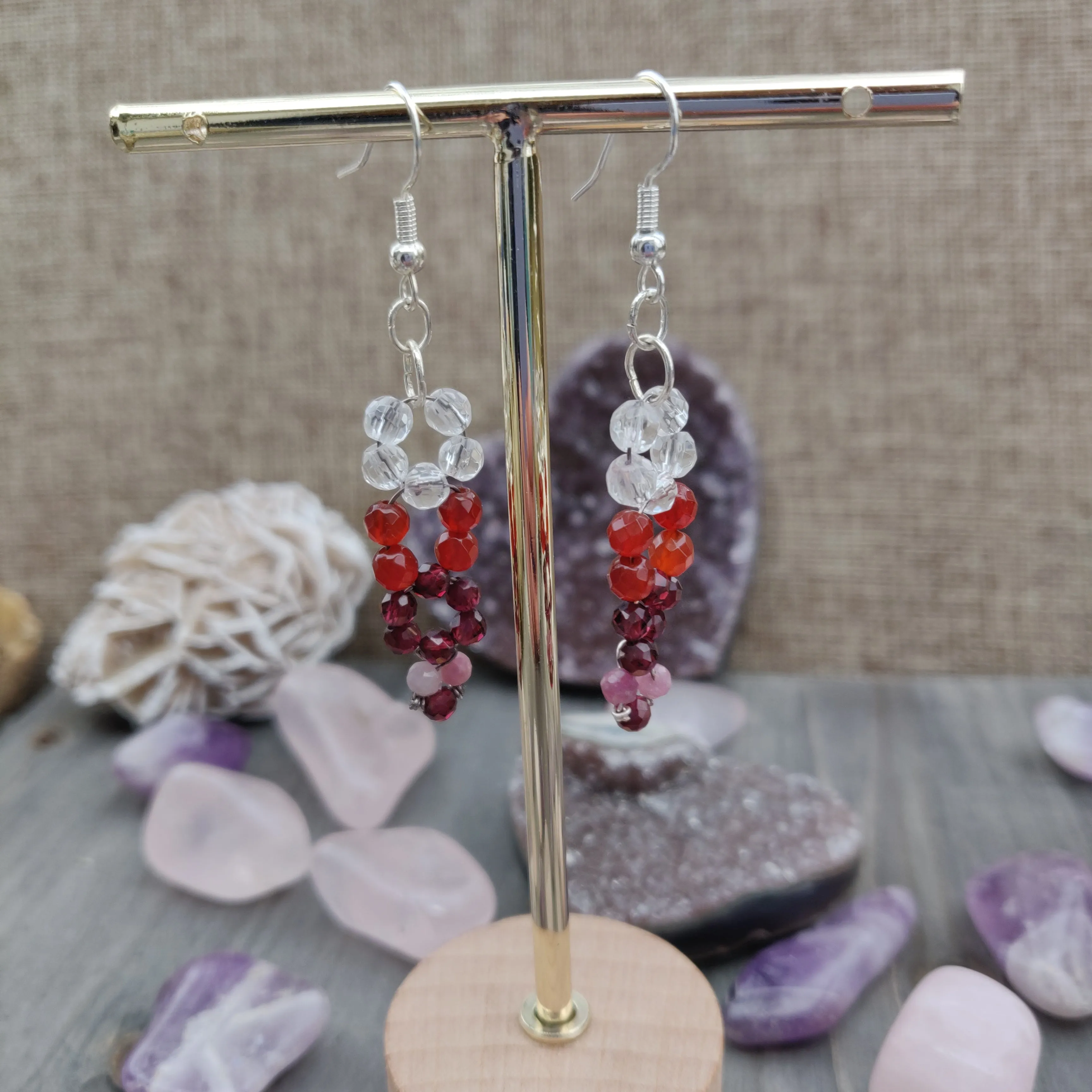 Handmade Gemstone Earrings - Clear Quartz, Carnelian, Garnet, & Pink Tourmaline