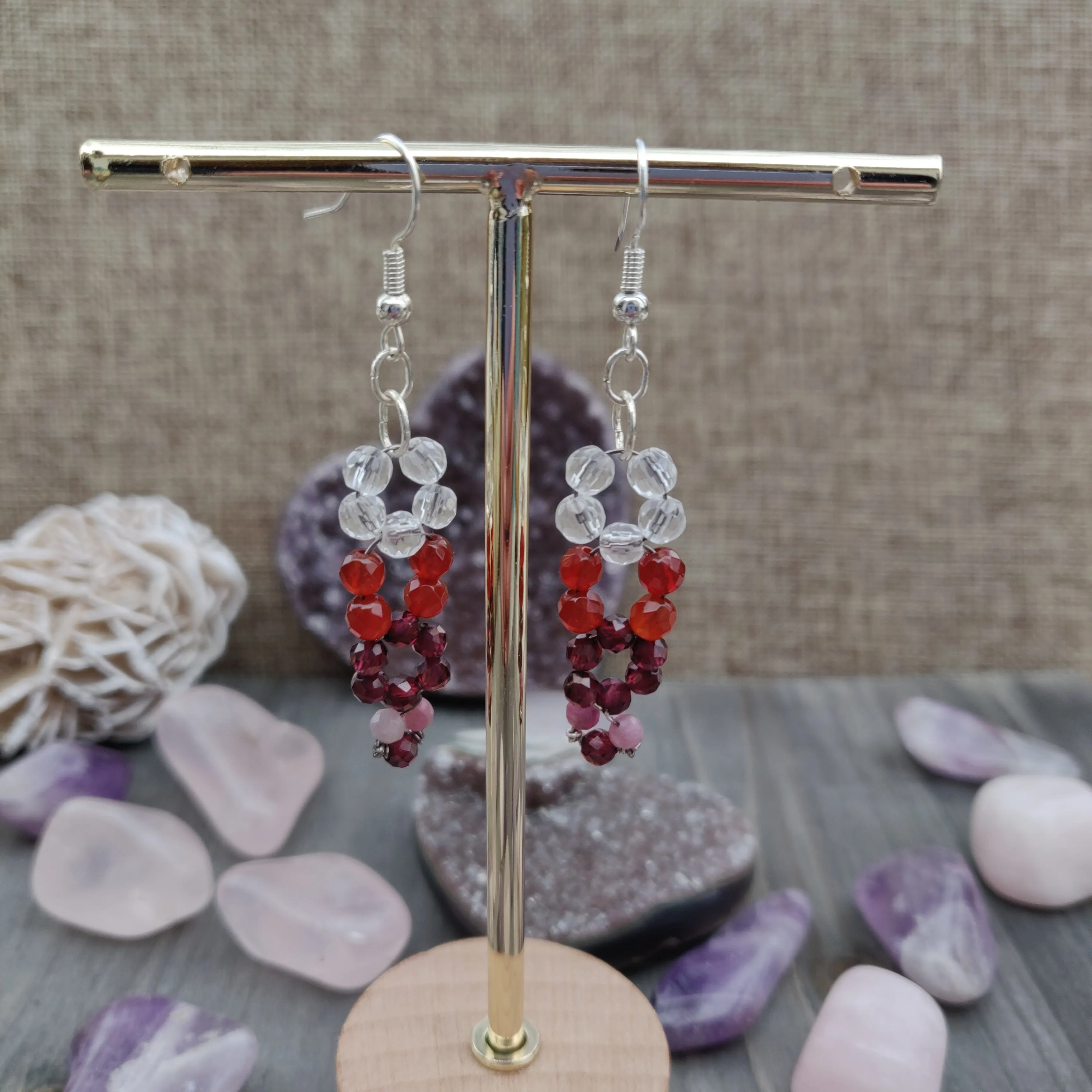 Handmade Gemstone Earrings - Clear Quartz, Carnelian, Garnet, & Pink Tourmaline