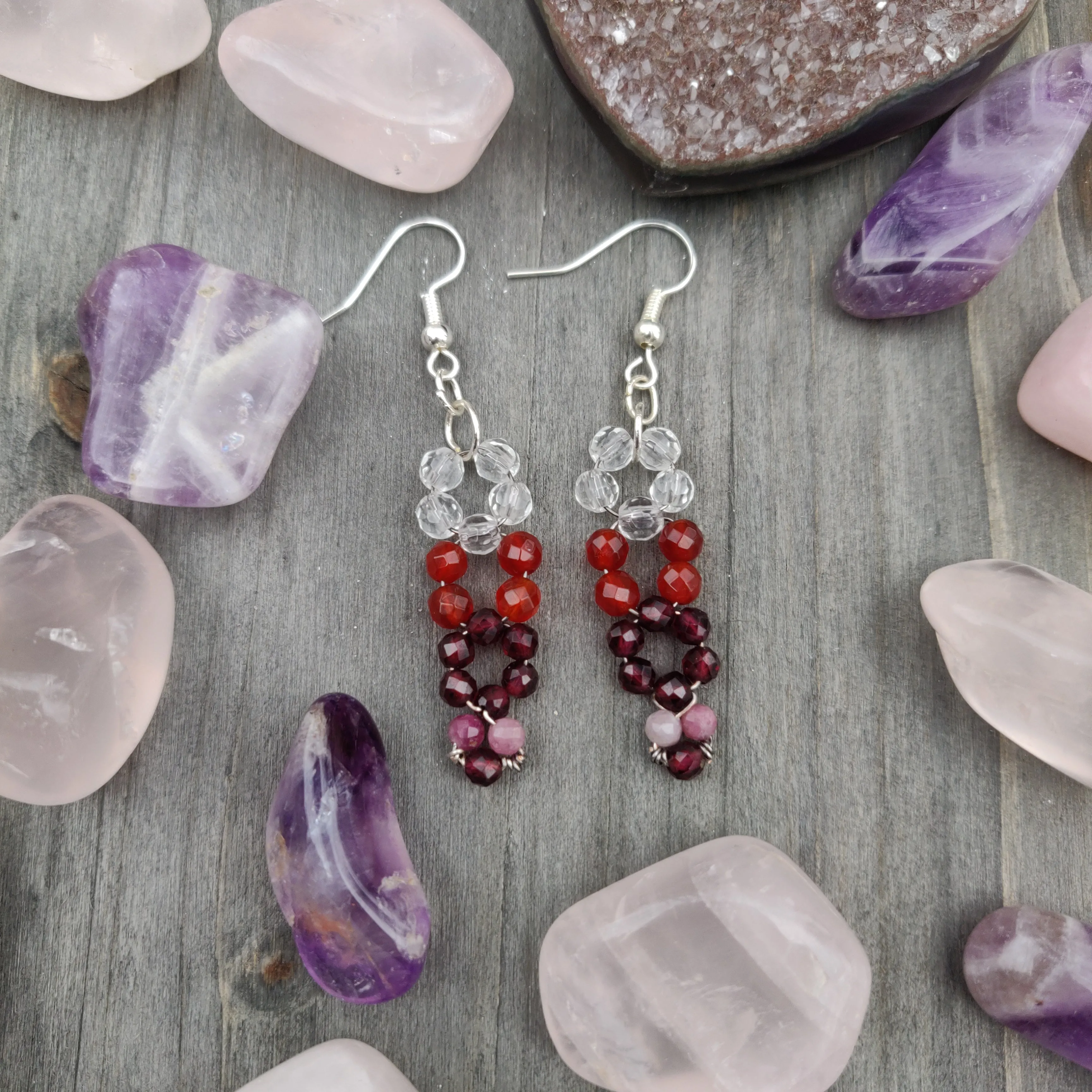 Handmade Gemstone Earrings - Clear Quartz, Carnelian, Garnet, & Pink Tourmaline