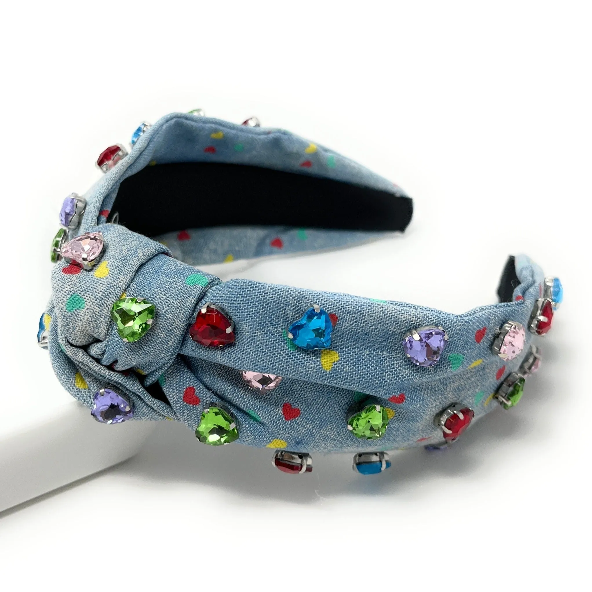 Hearts Denim Knot Jeweled Headband