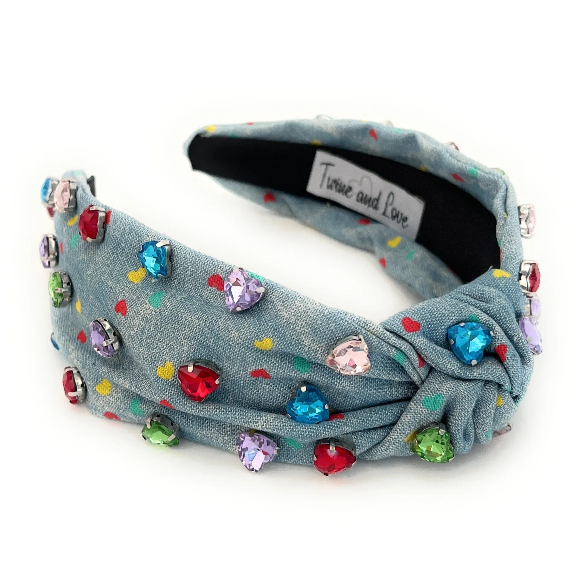 Hearts Denim Knot Jeweled Headband