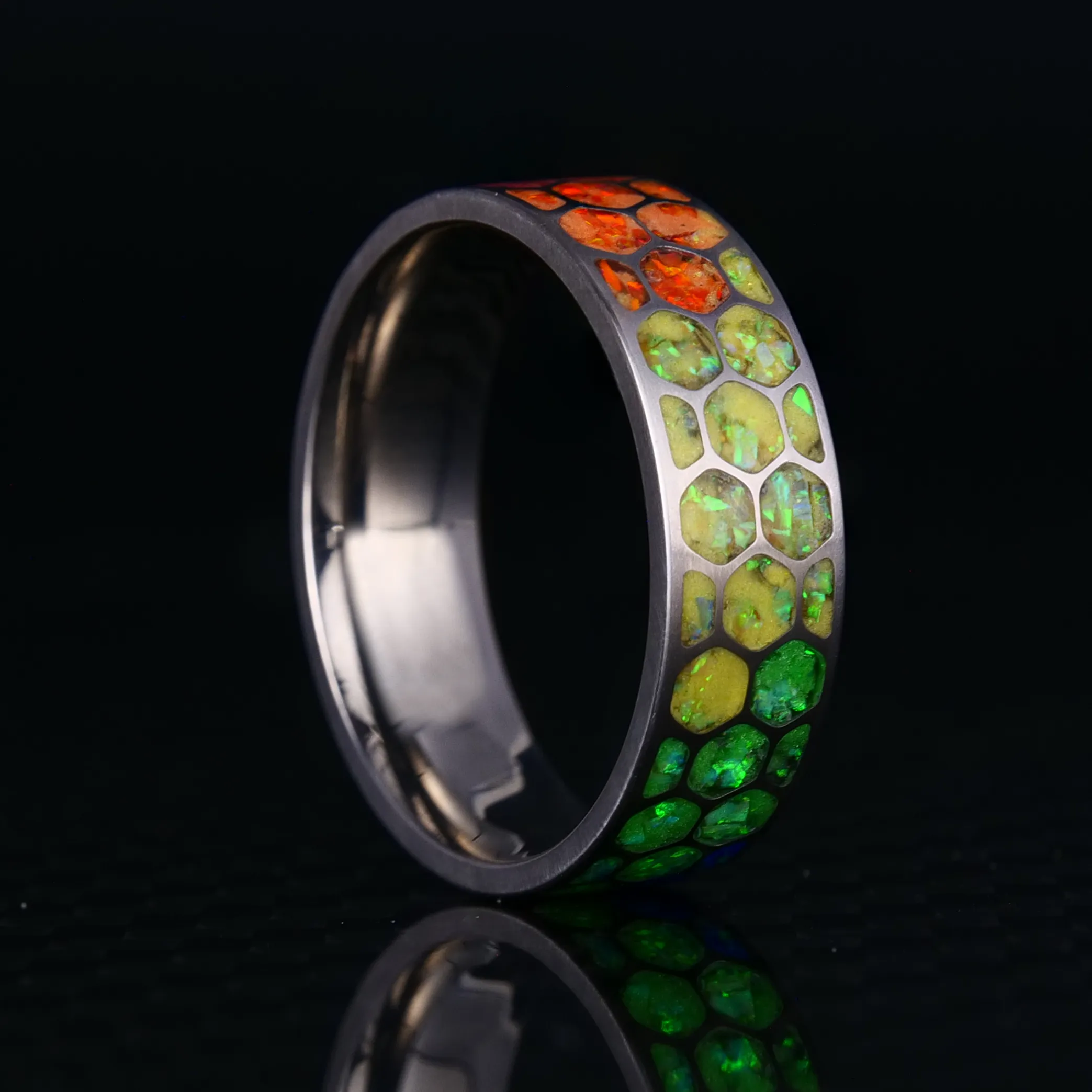 Hexagon Prismatic Opal Glowstone Ring on Titanium