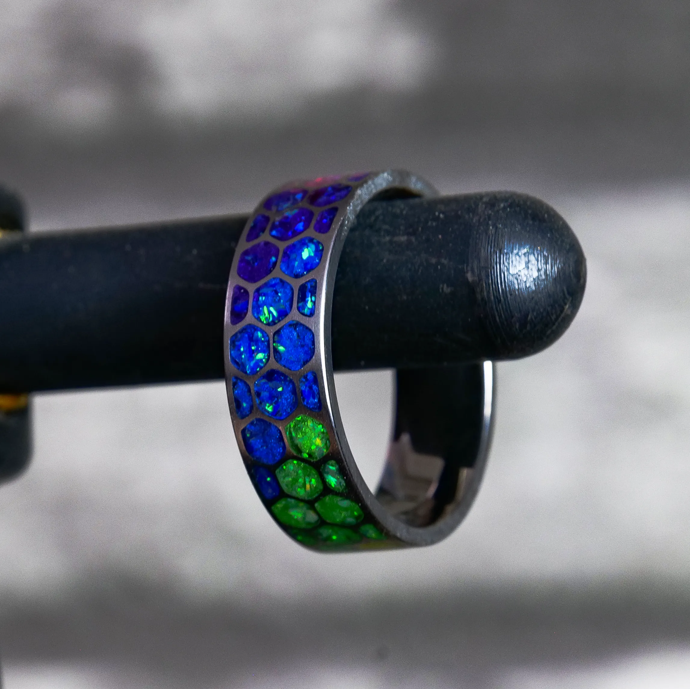 Hexagon Prismatic Opal Glowstone Ring on Titanium