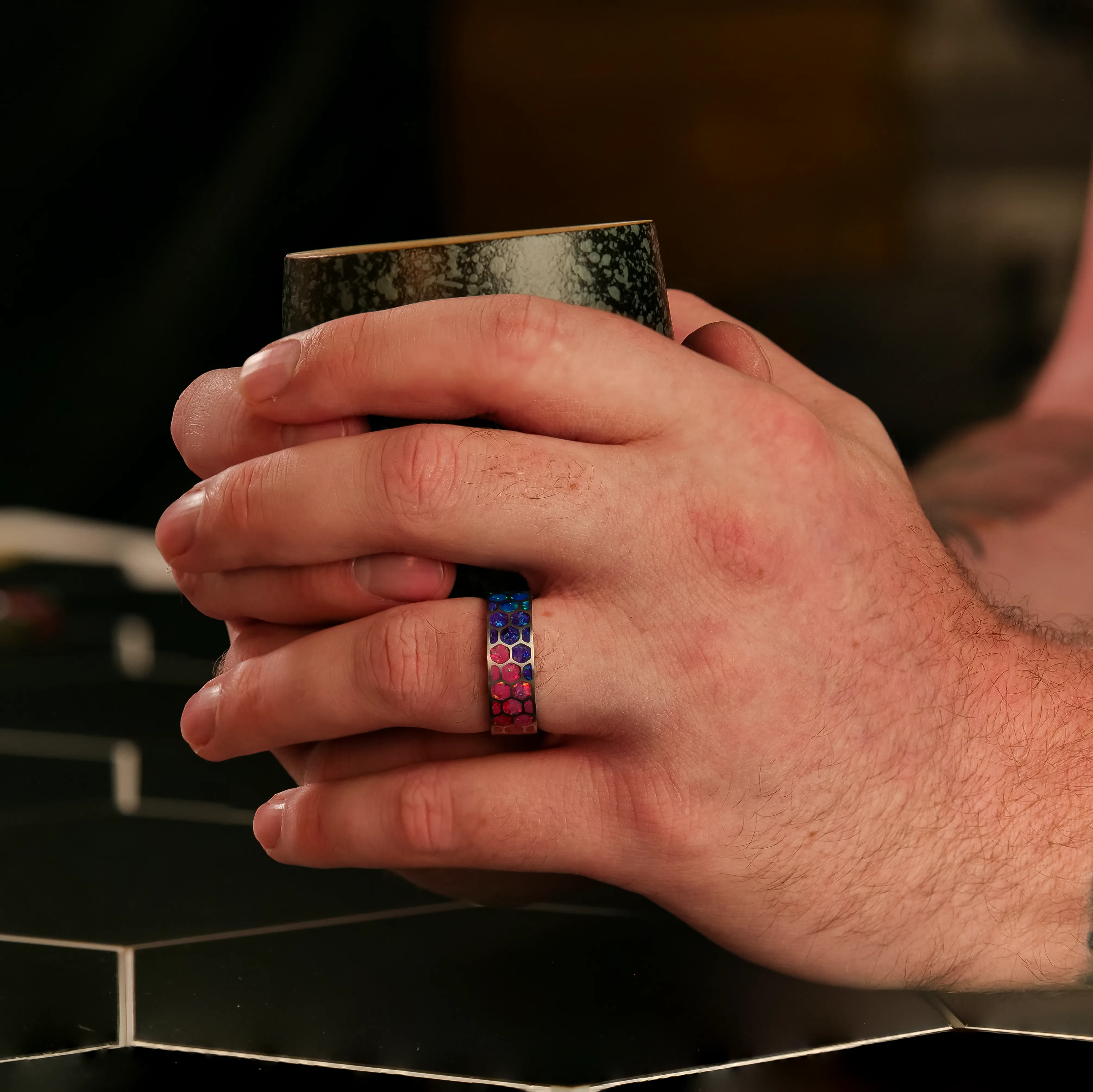 Hexagon Prismatic Opal Glowstone Ring on Titanium