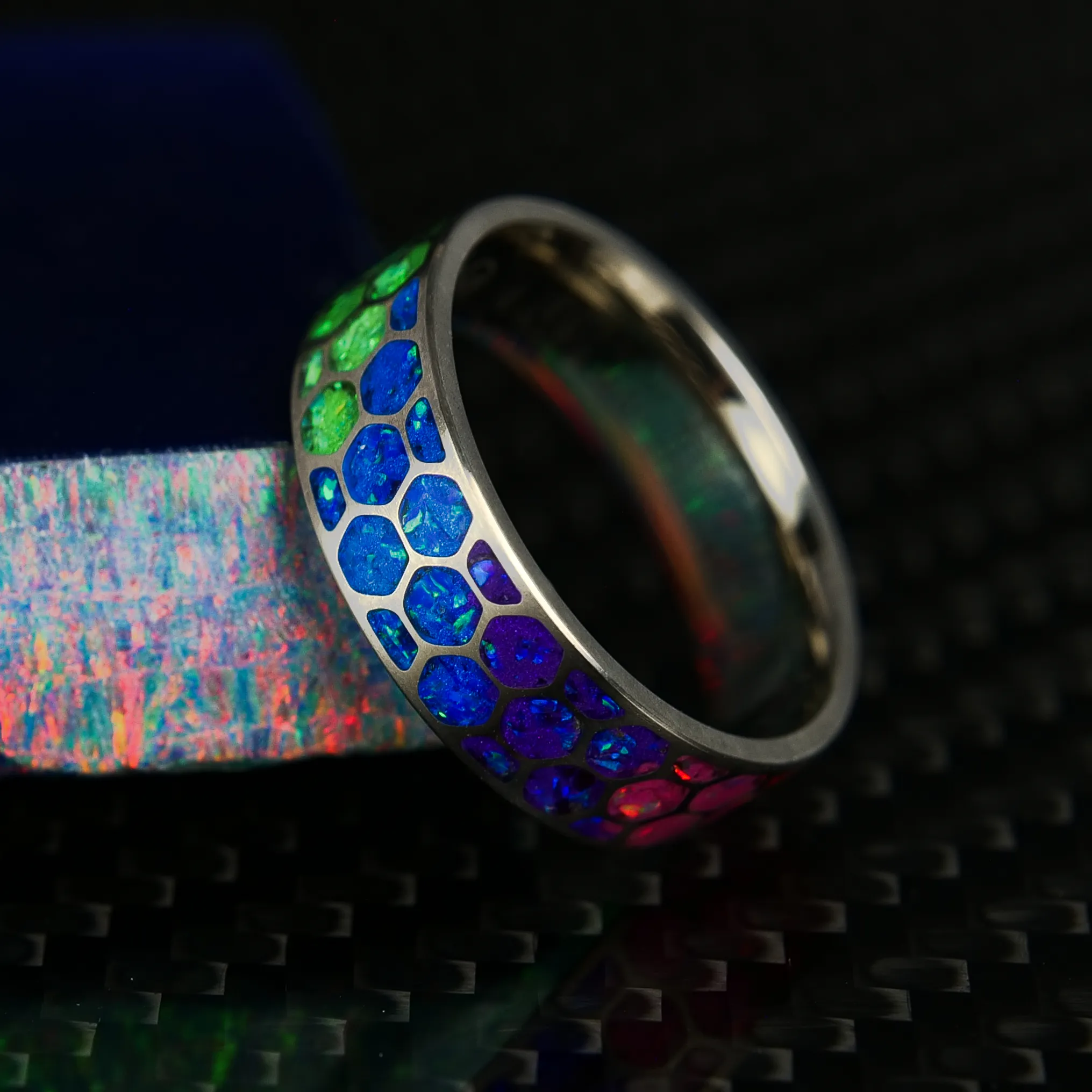 Hexagon Prismatic Opal Glowstone Ring on Titanium