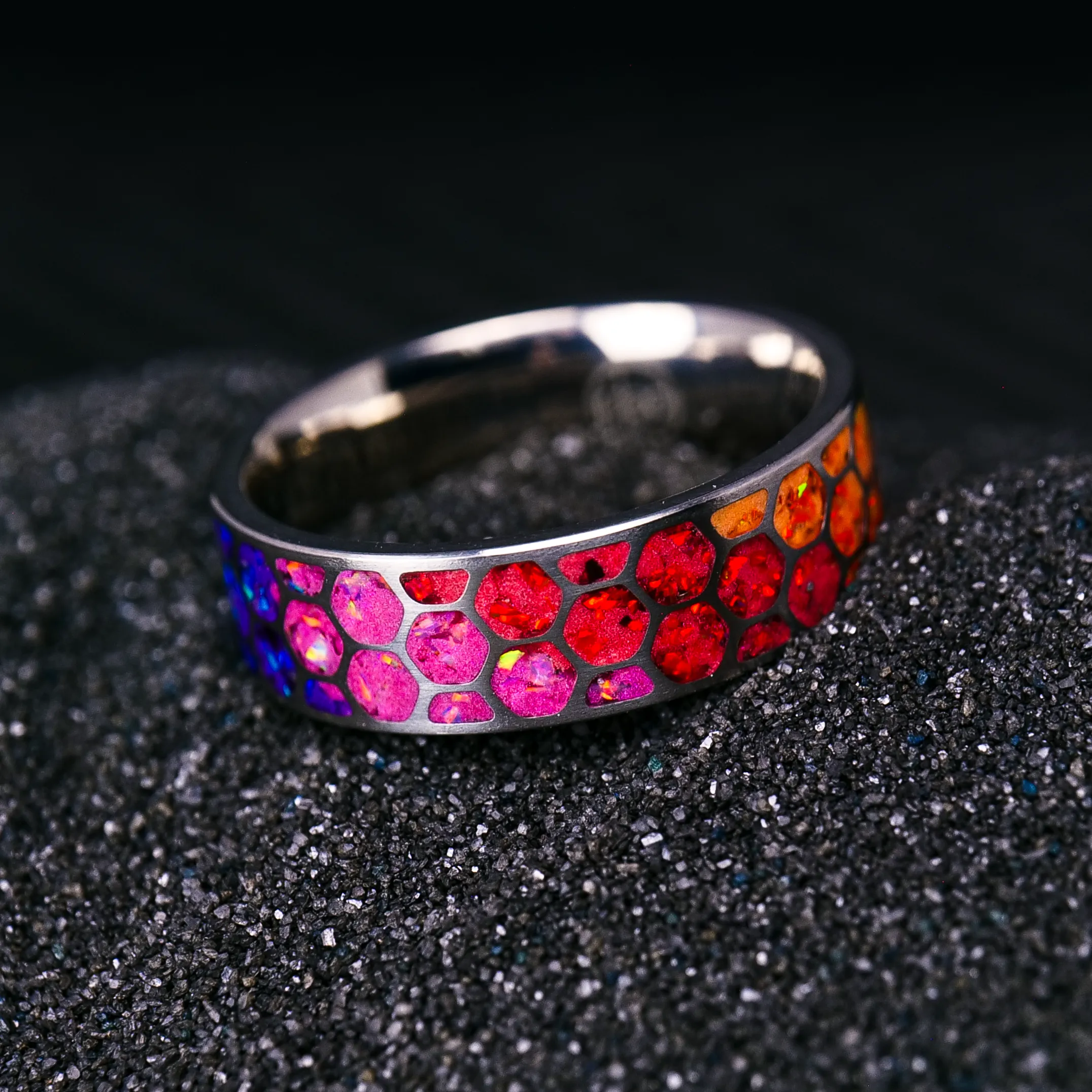 Hexagon Prismatic Opal Glowstone Ring on Titanium