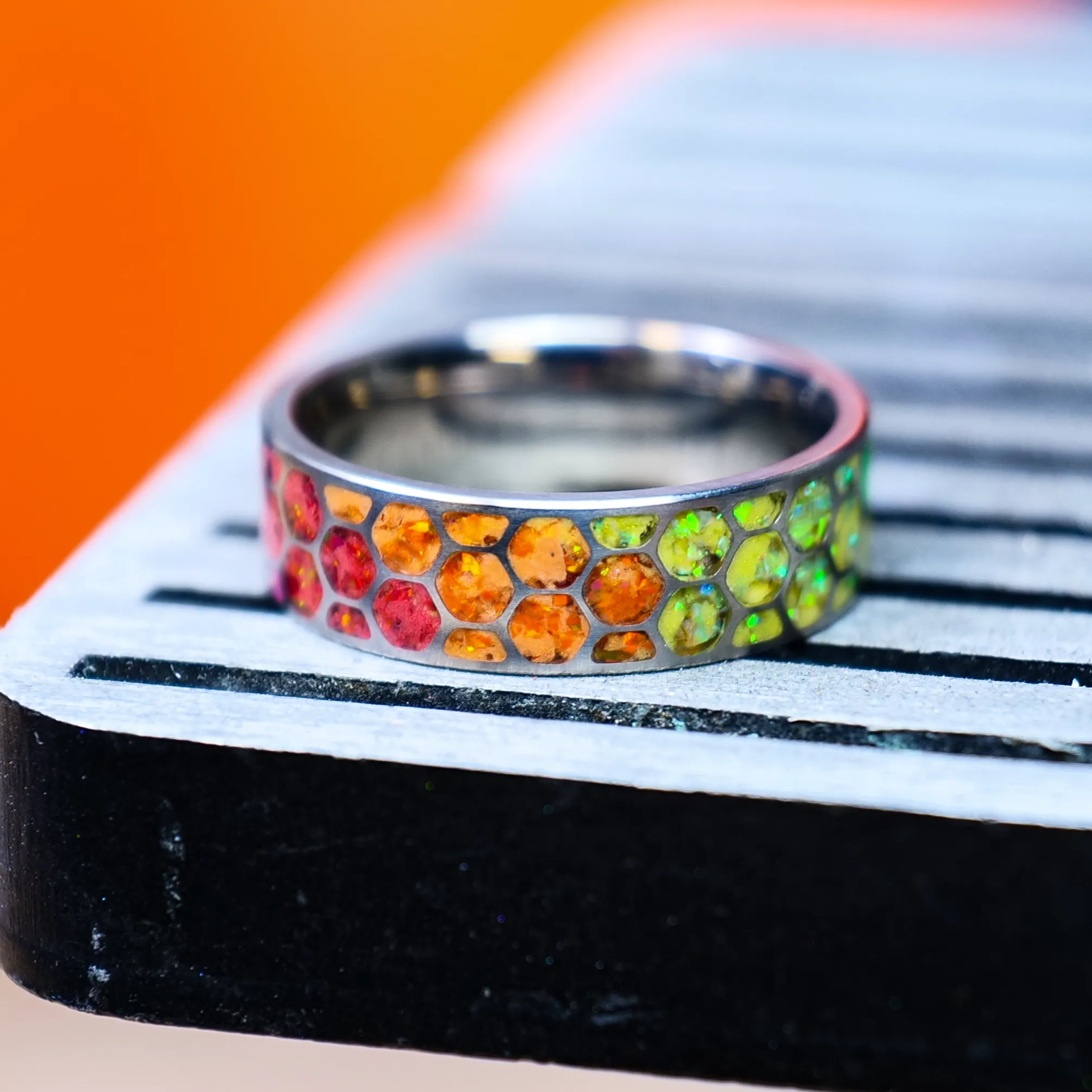 Hexagon Prismatic Opal Glowstone Ring on Titanium