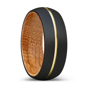 INFAMOUS | Whiskey Barrel Wood, Black Tungsten Ring, Gold Groove, Domed
