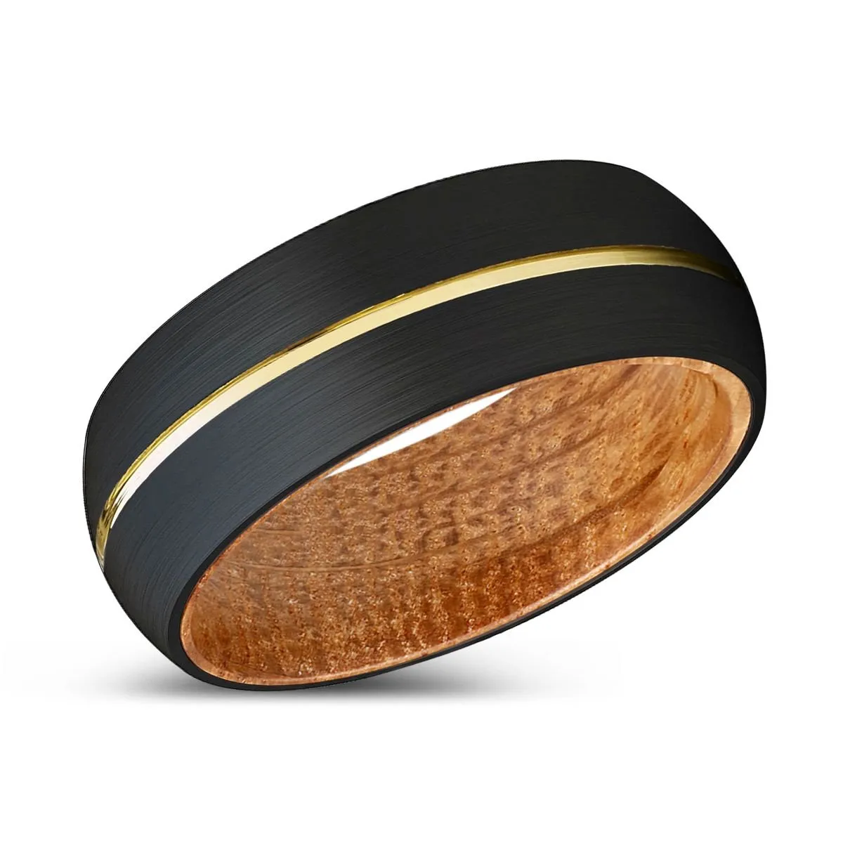 INFAMOUS | Whiskey Barrel Wood, Black Tungsten Ring, Gold Groove, Domed