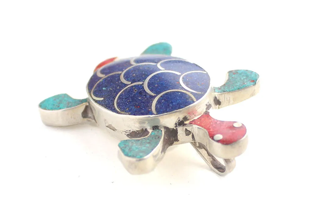 Inlaid White Metal Turtle Pendant