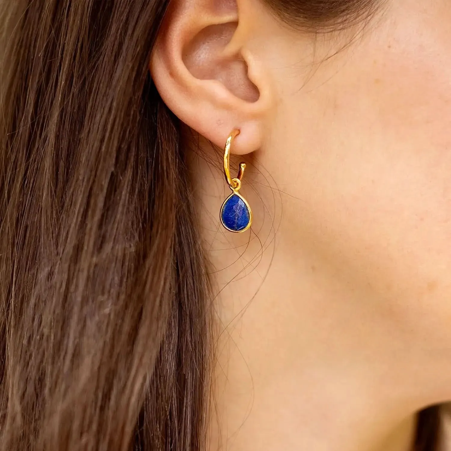Lapis Lazuli Drop Hoop Earrings Rose Gold September Birthstone