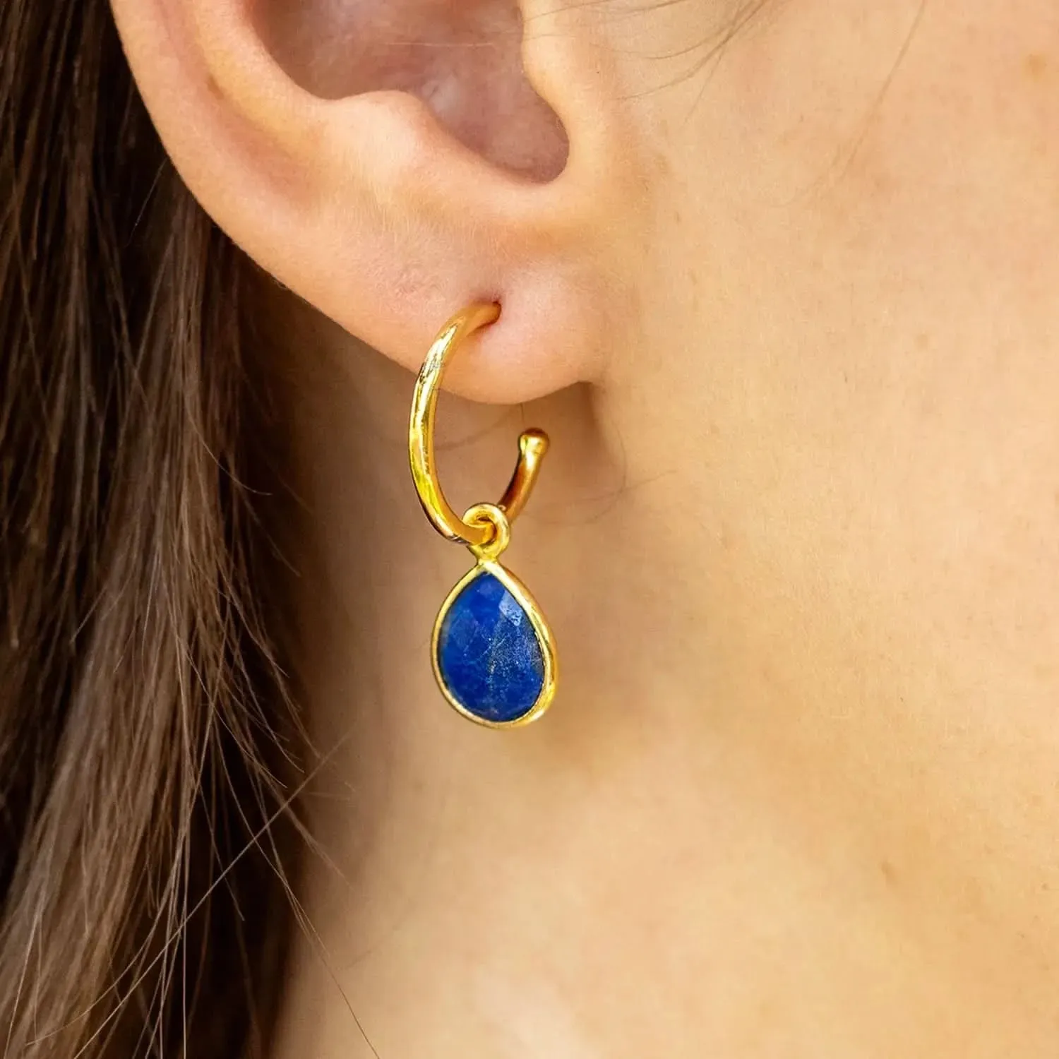 Lapis Lazuli Drop Hoop Earrings Rose Gold September Birthstone