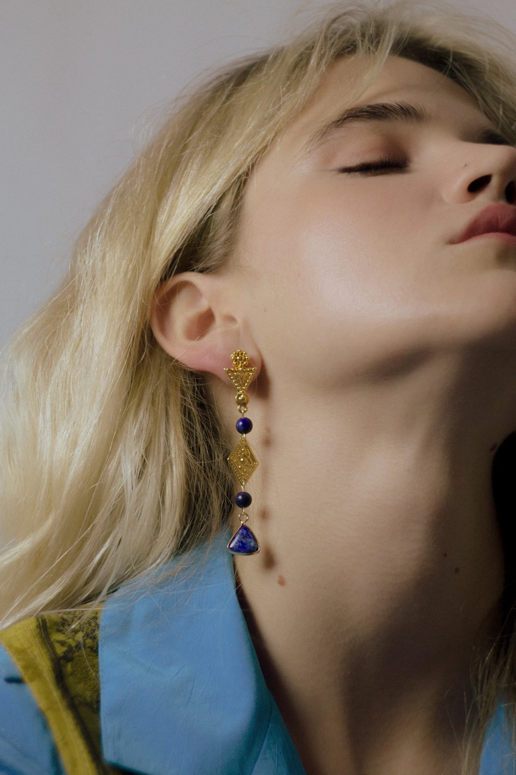 Lapis Lazuli Etruscan Earrings, Lightweight Long Post Earrings