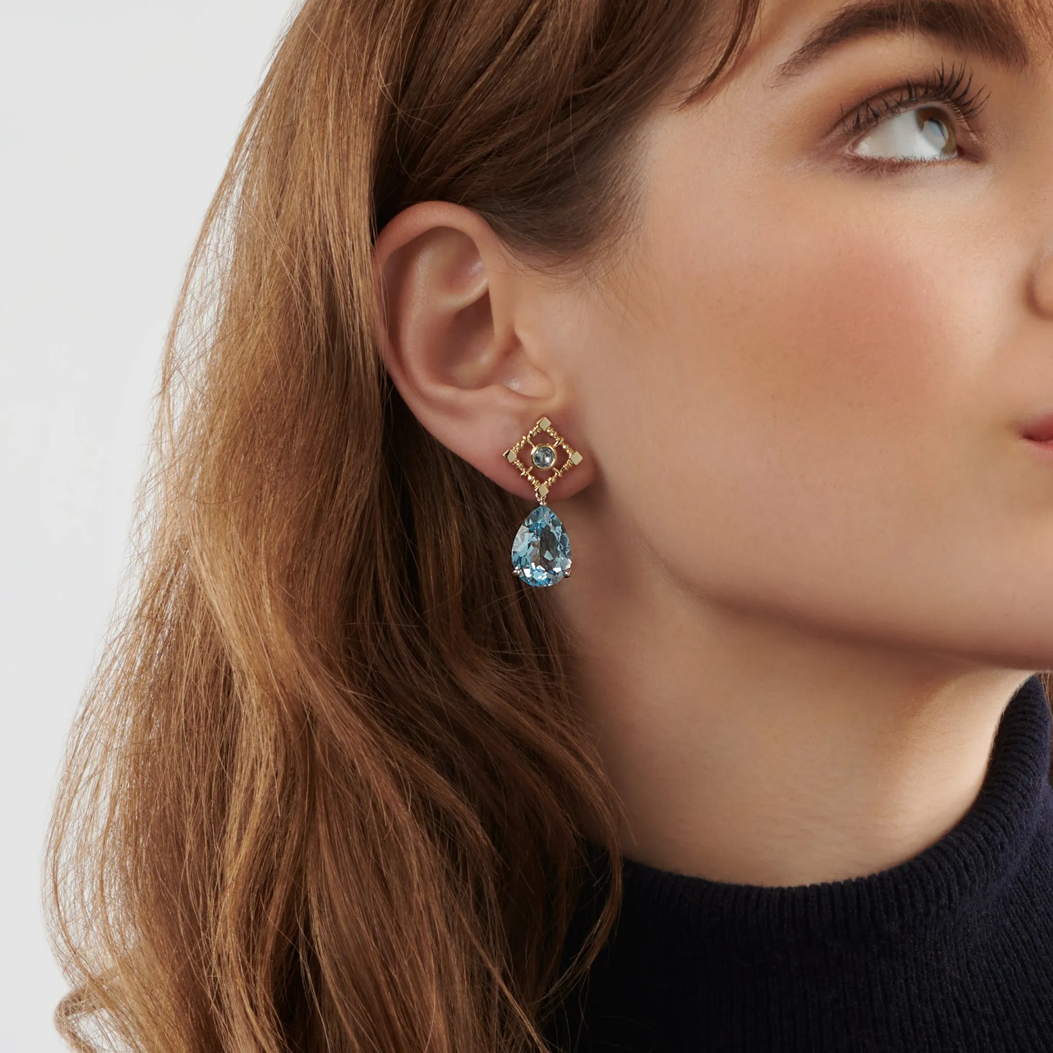 Luiza Earring Drops Yellow Gold - Blue Topaz & Diamond Pavé