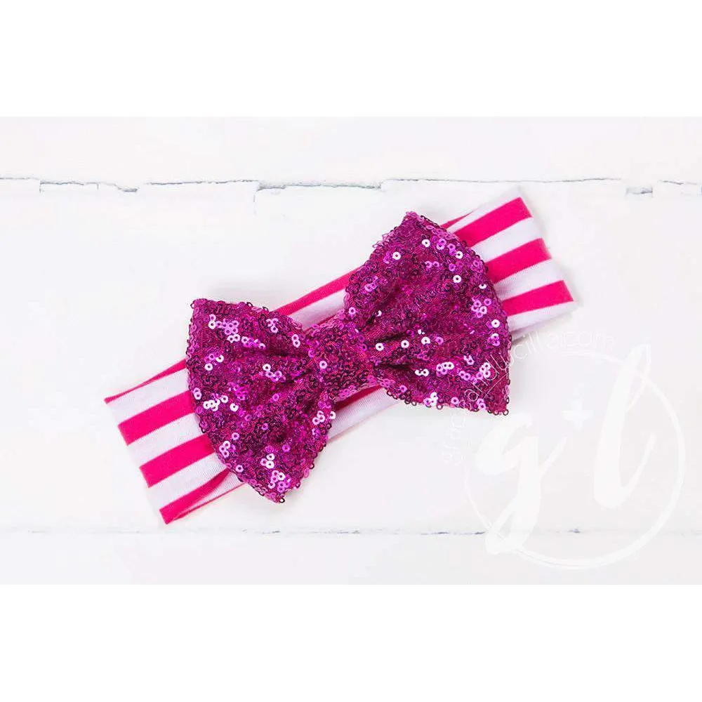 Magenta Sequined Bow on Magenta & White Striped Headband