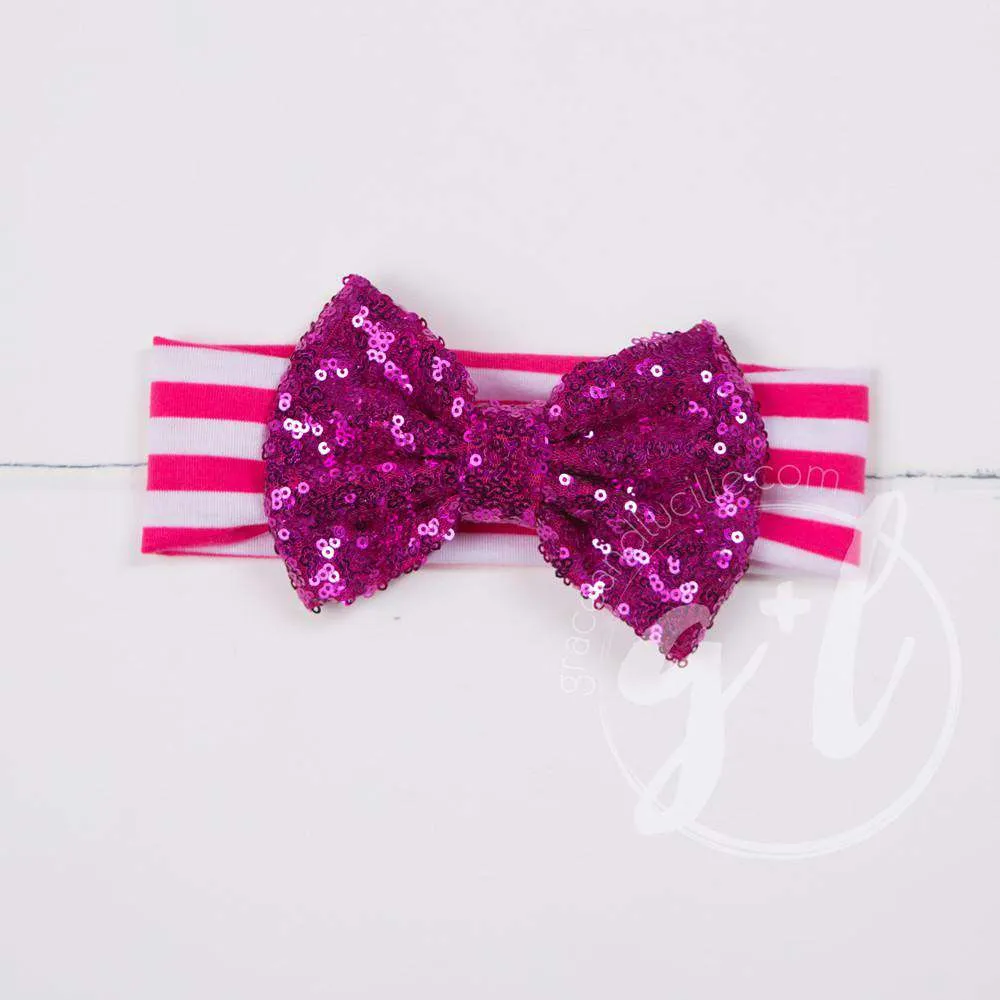 Magenta Sequined Bow on Magenta & White Striped Headband