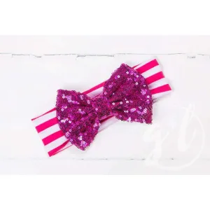 Magenta Sequined Bow on Magenta & White Striped Headband